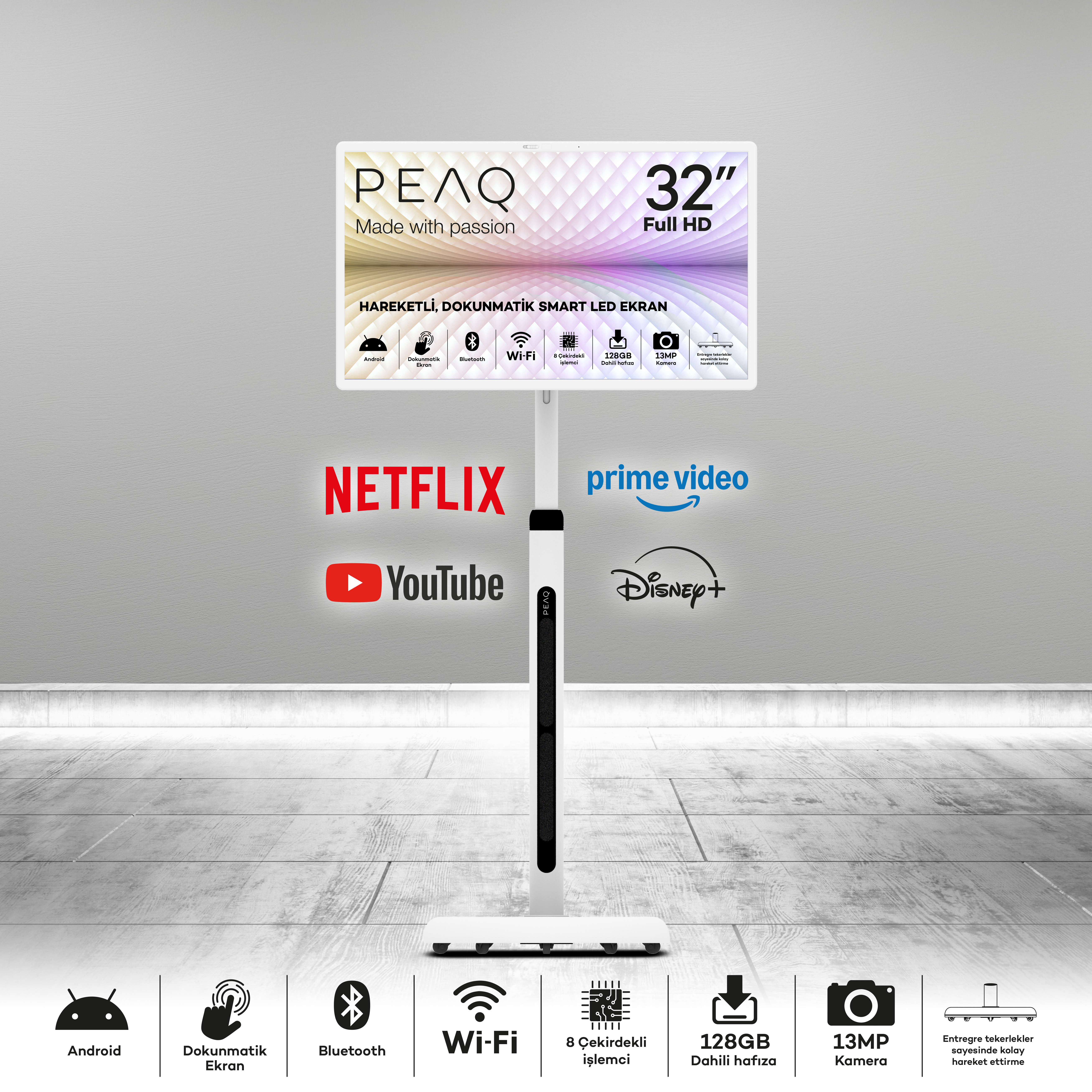 Dokunmatik ekranlı, Android, Wi-Fi ve 13MP kameraya sahip 32 inç Full HD Smart LED ekran.