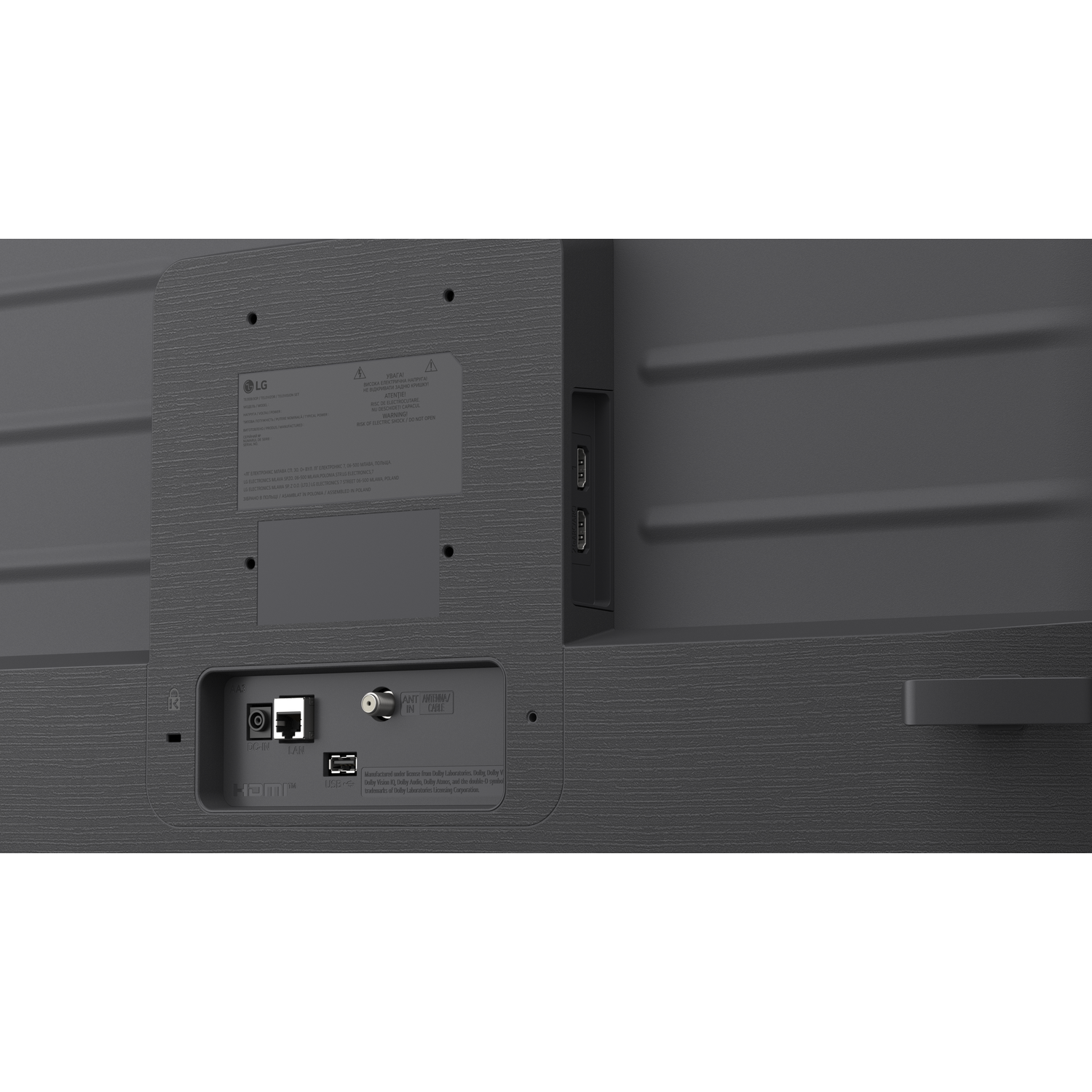 Achterkant tv met poorten: DC-IN, LAN, USB, Antenne.
