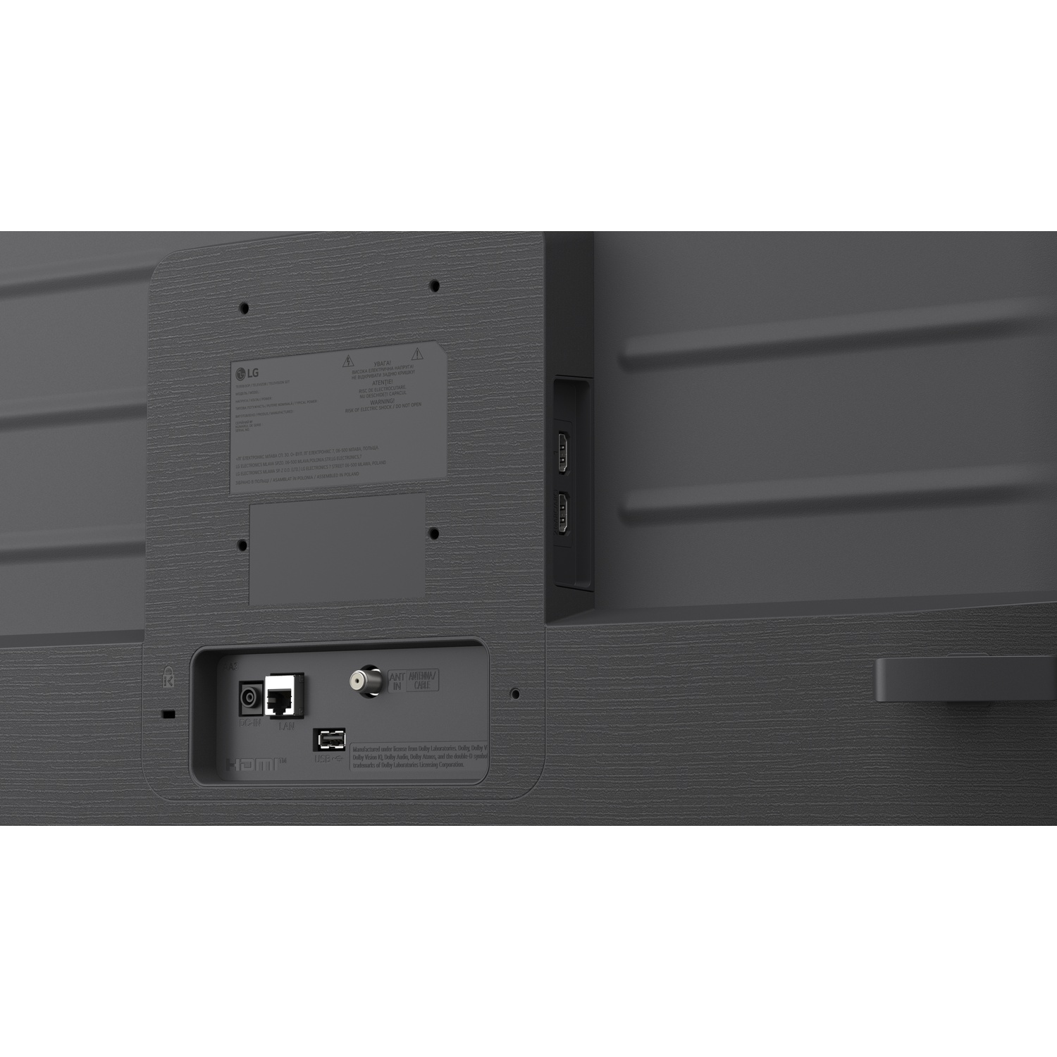 Back of TV showing ports: DC-IN, LAN, USB, Antenna.