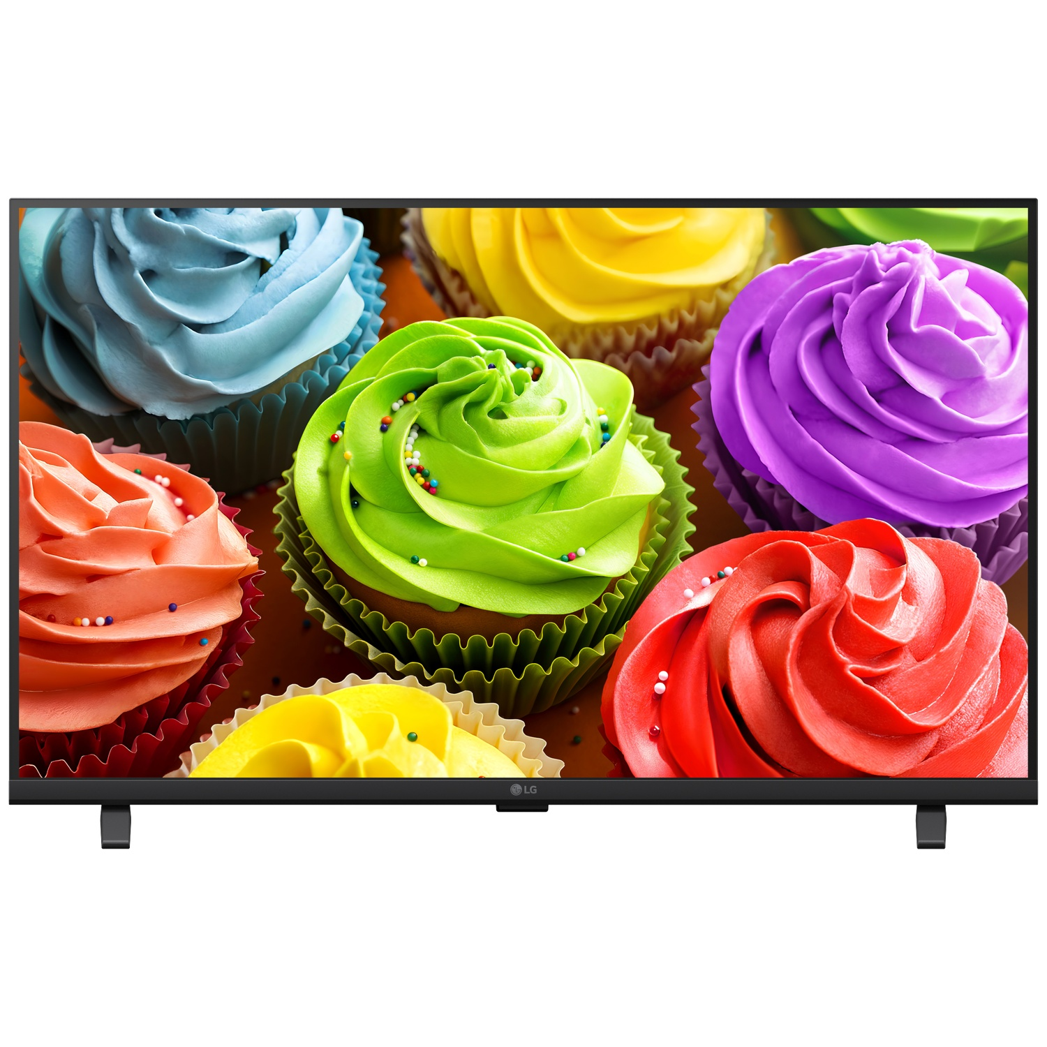 A TV screen displays colorful cupcakes with frosting and sprinkles.
