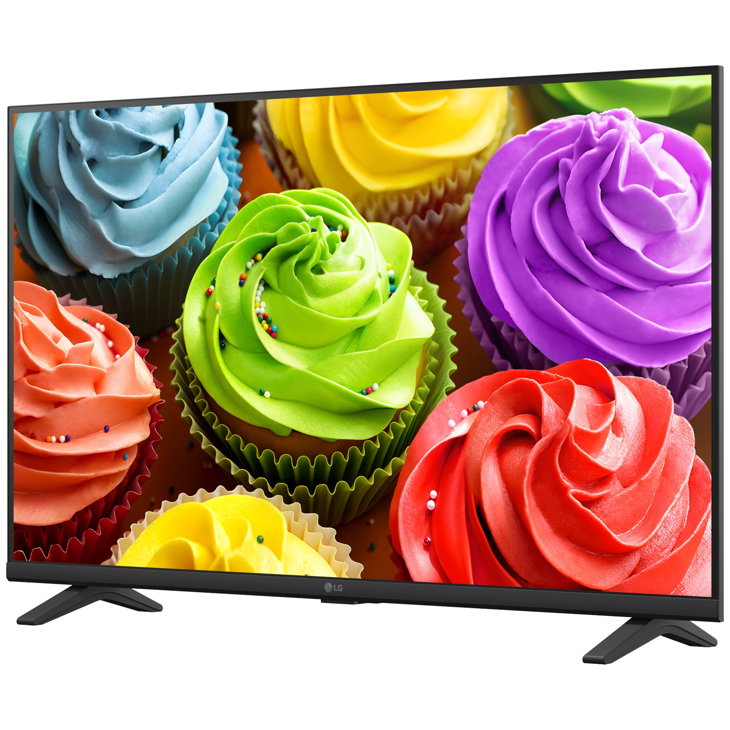A television displays a close-up of colorful cupcakes with swirled frosting.