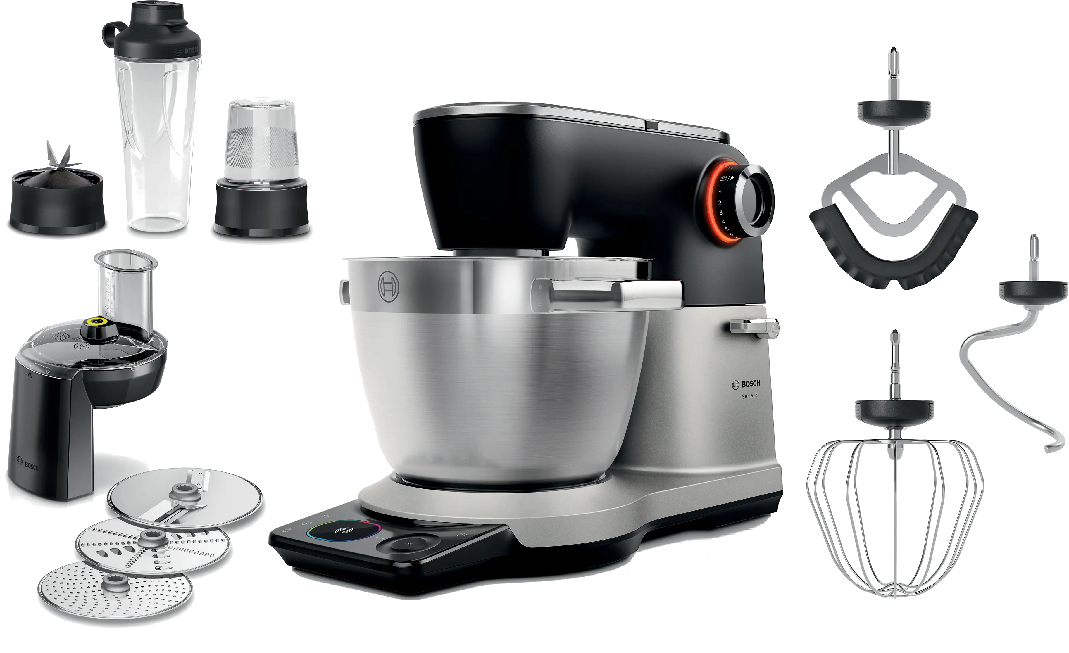 Robot kuchenny Bosch z akcesoriami: blender, siekacz, tarcze trące, trzepaczka, hak.