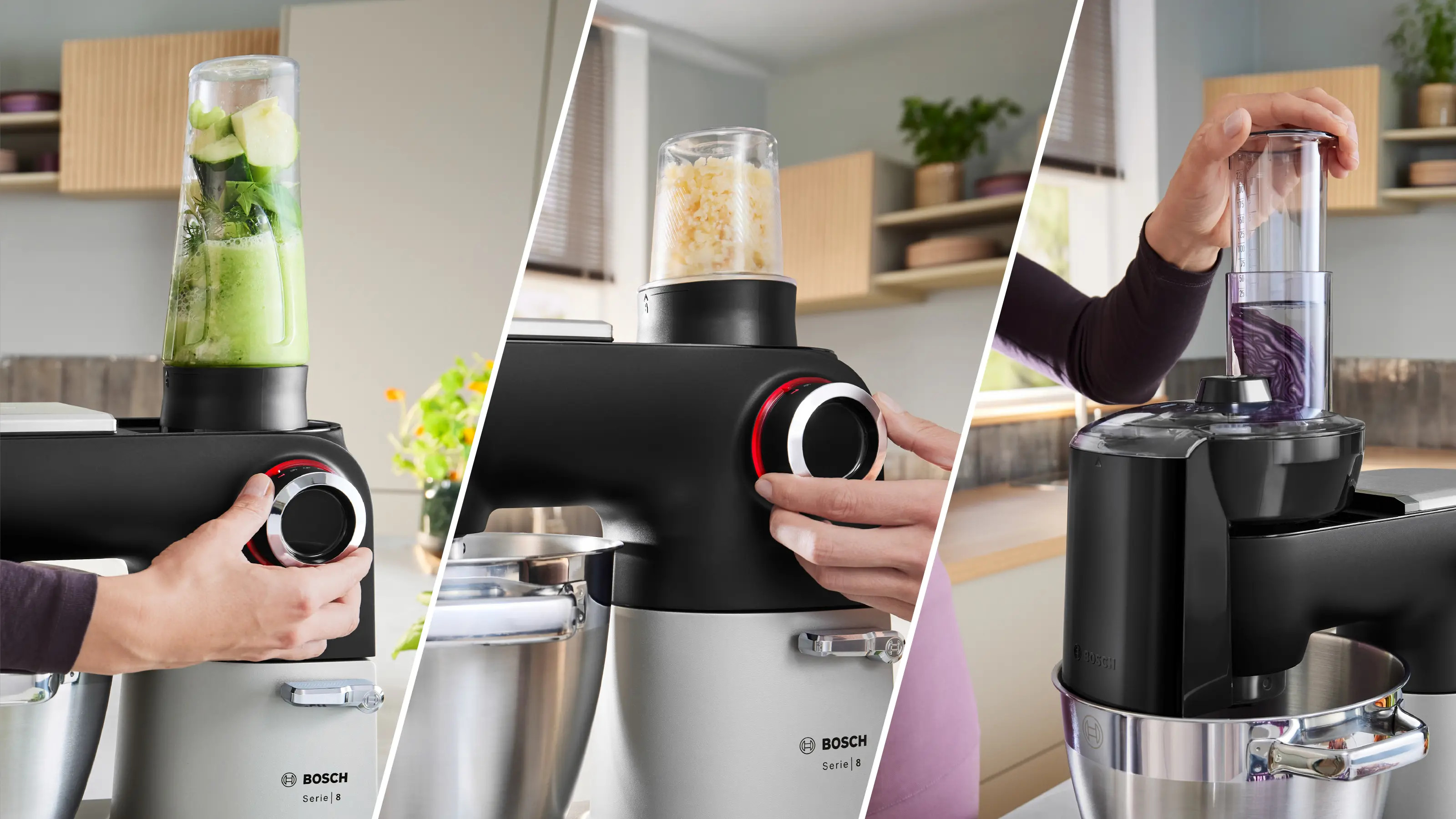 Robot kuchenny z trzema przystawkami: blender, malakser i tarką.