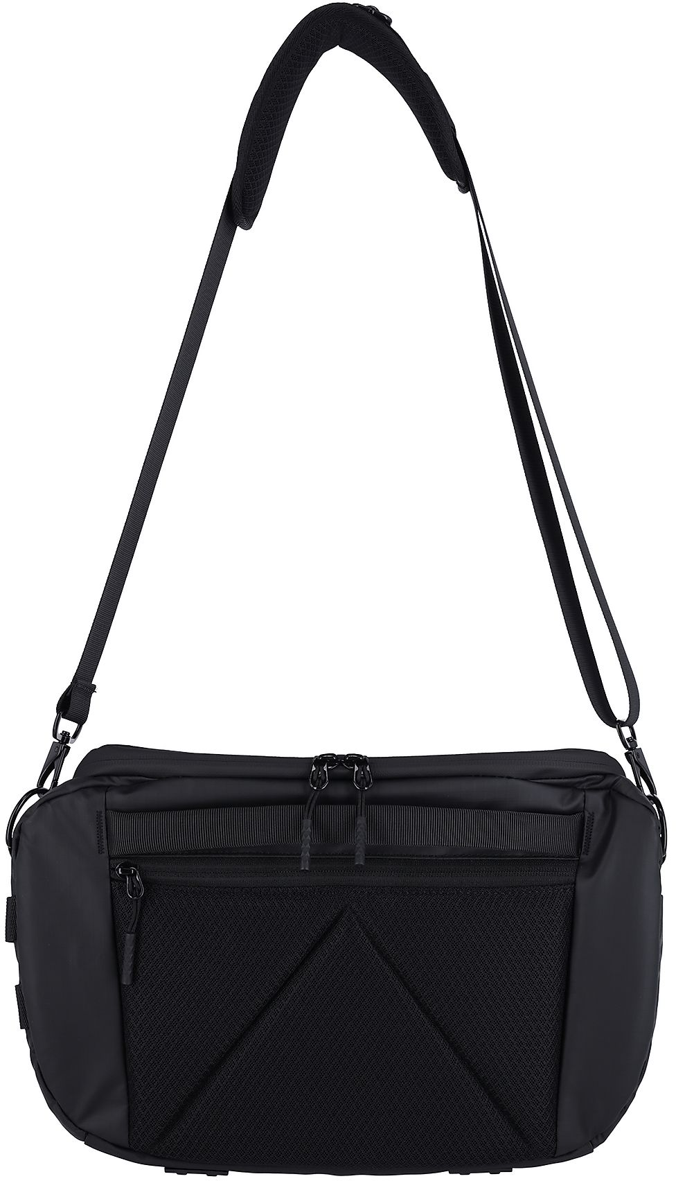 Sac noir avec une bandoulière rembourrée et plusieurs poches zippées.
