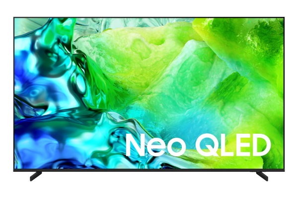 Samsung Neo QLED TV, mavi ve yeşil renklerde soyut, akıcı bir desen sergiliyor.