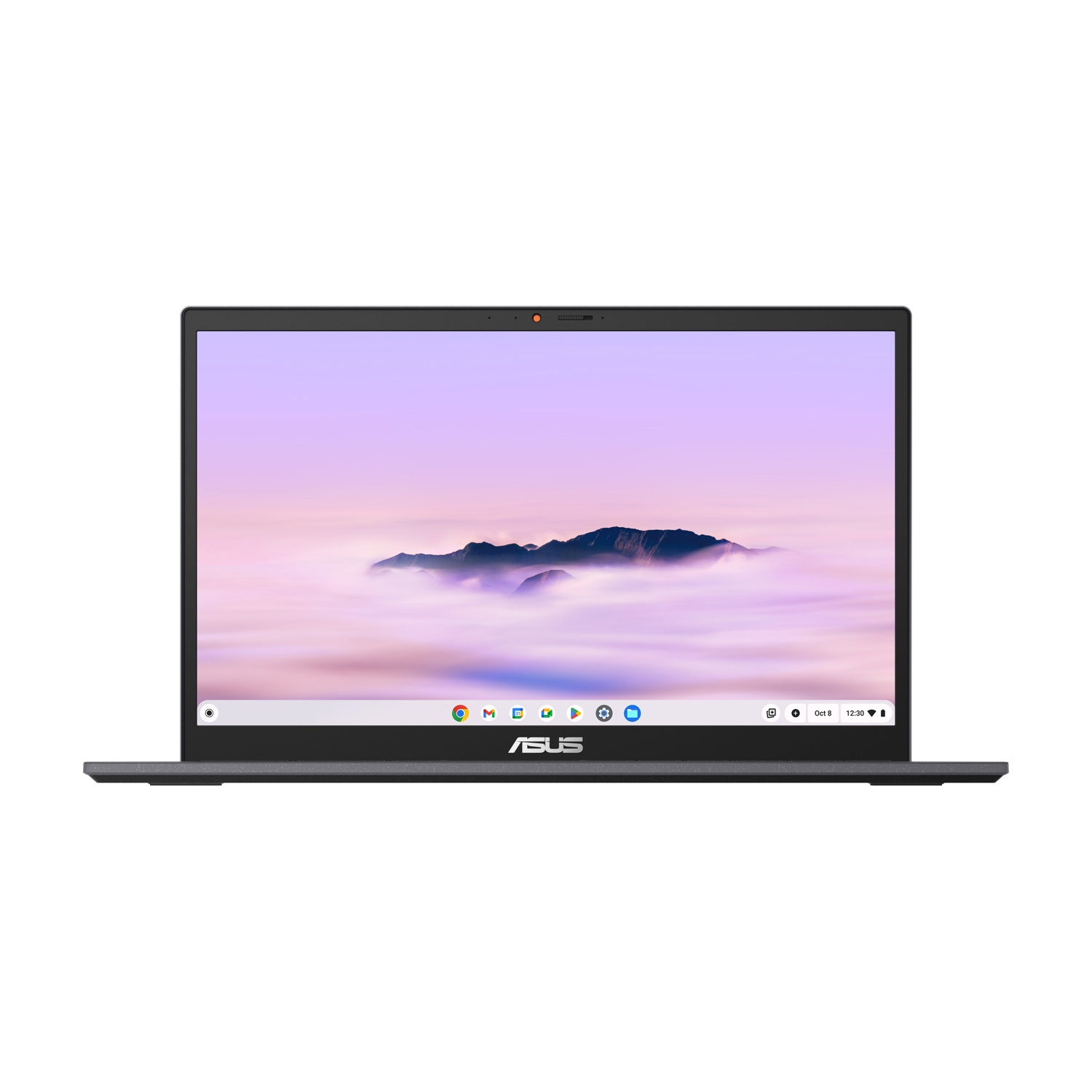 Un laptop chiuso con logo ASUS e sfondo di montagne e nuvole.