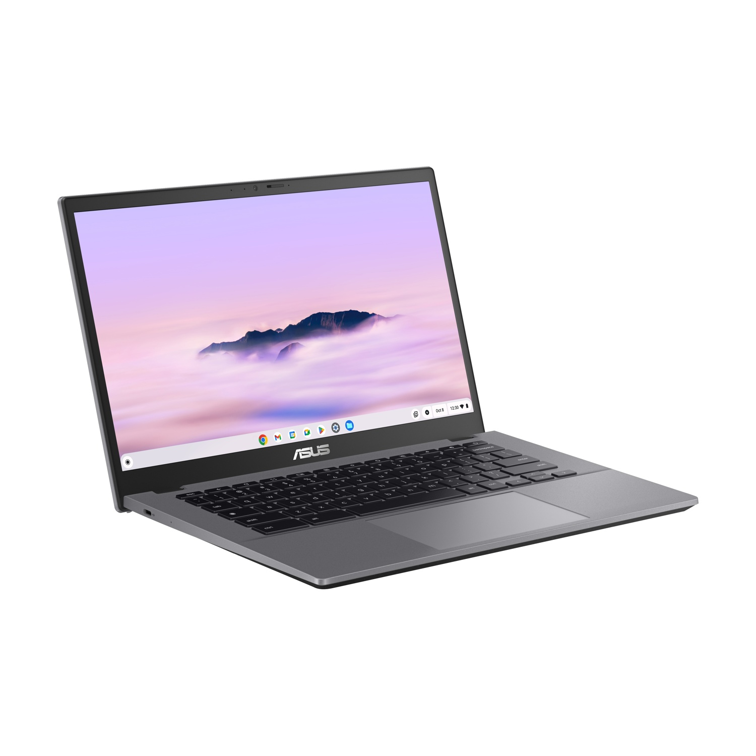Un Chromebook ASUS argentato è aperto, mostra uno sfondo paesaggio e tastiera.