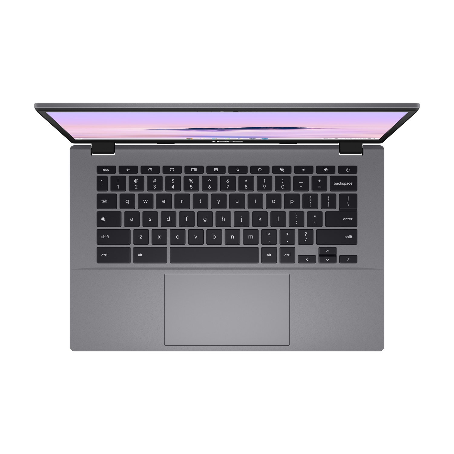 Laptop grigio con schermo e tastiera aperti.