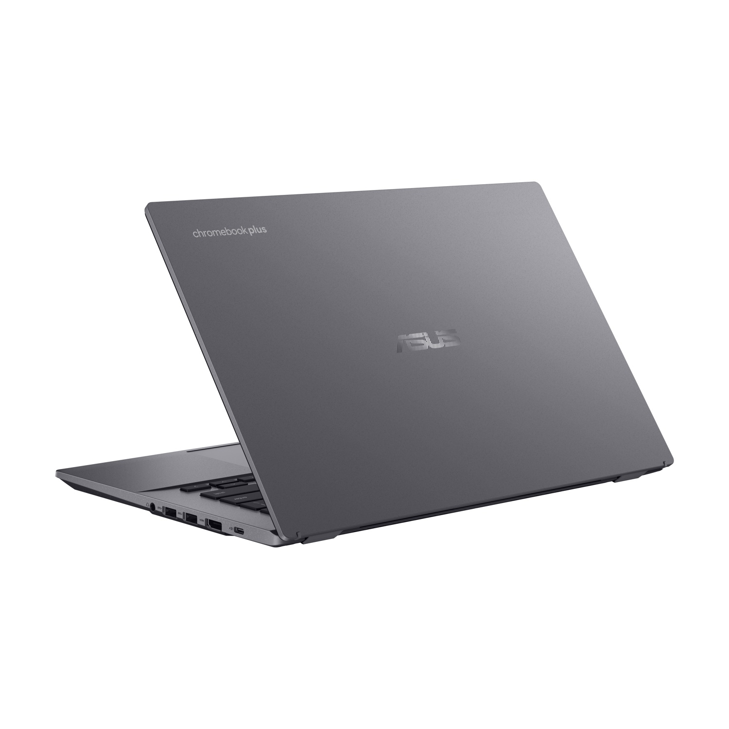 Un laptop Asus Chromebook Plus grigio e chiuso con porte sul lato.