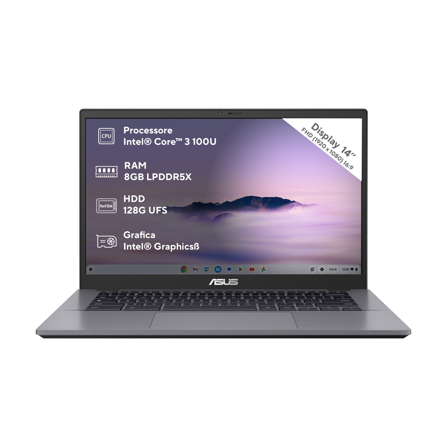 Laptop ASUS grigio con display FHD da 14 pollici, Intel Core 3, 8GB RAM, 128GB.