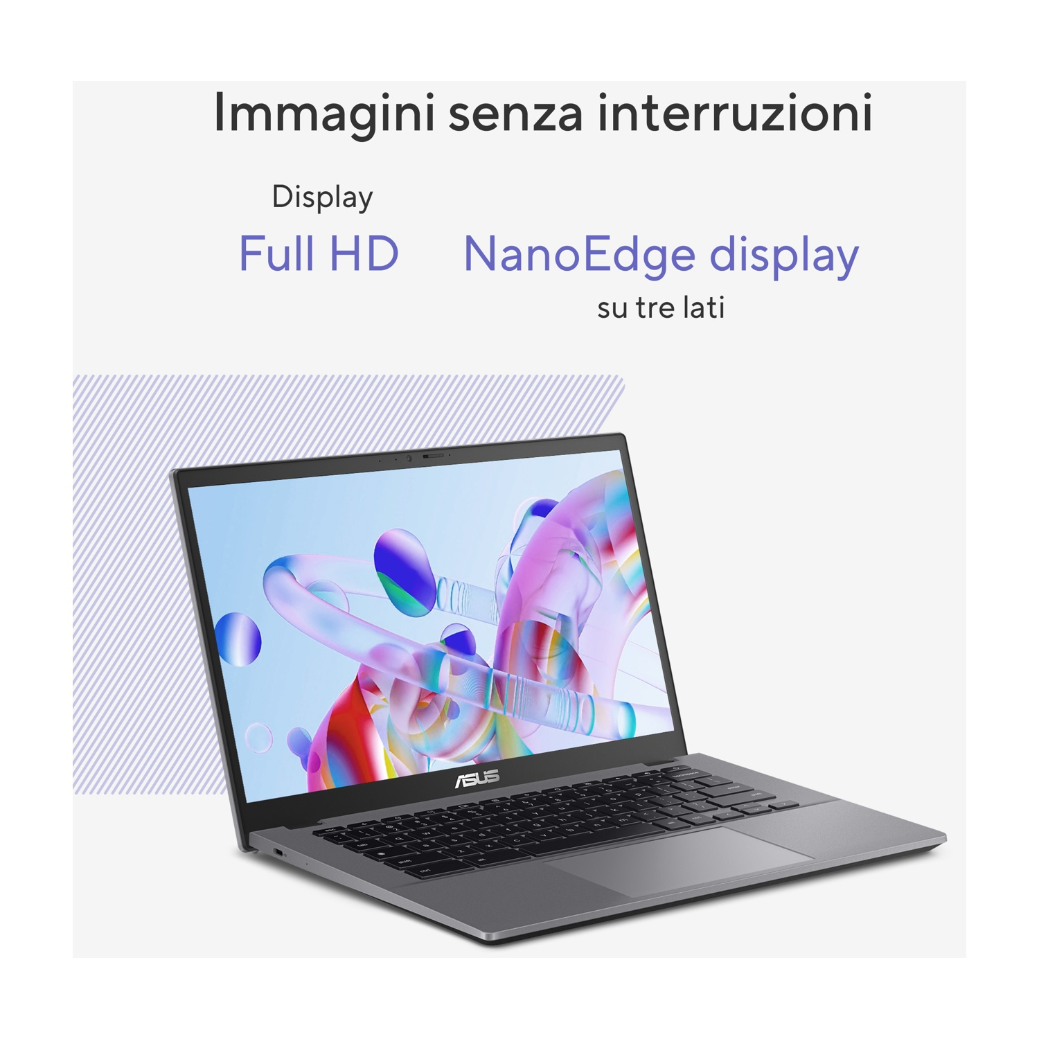 Un laptop ASUS grigio con display Full HD NanoEdge che mostra arte astratta colorata.