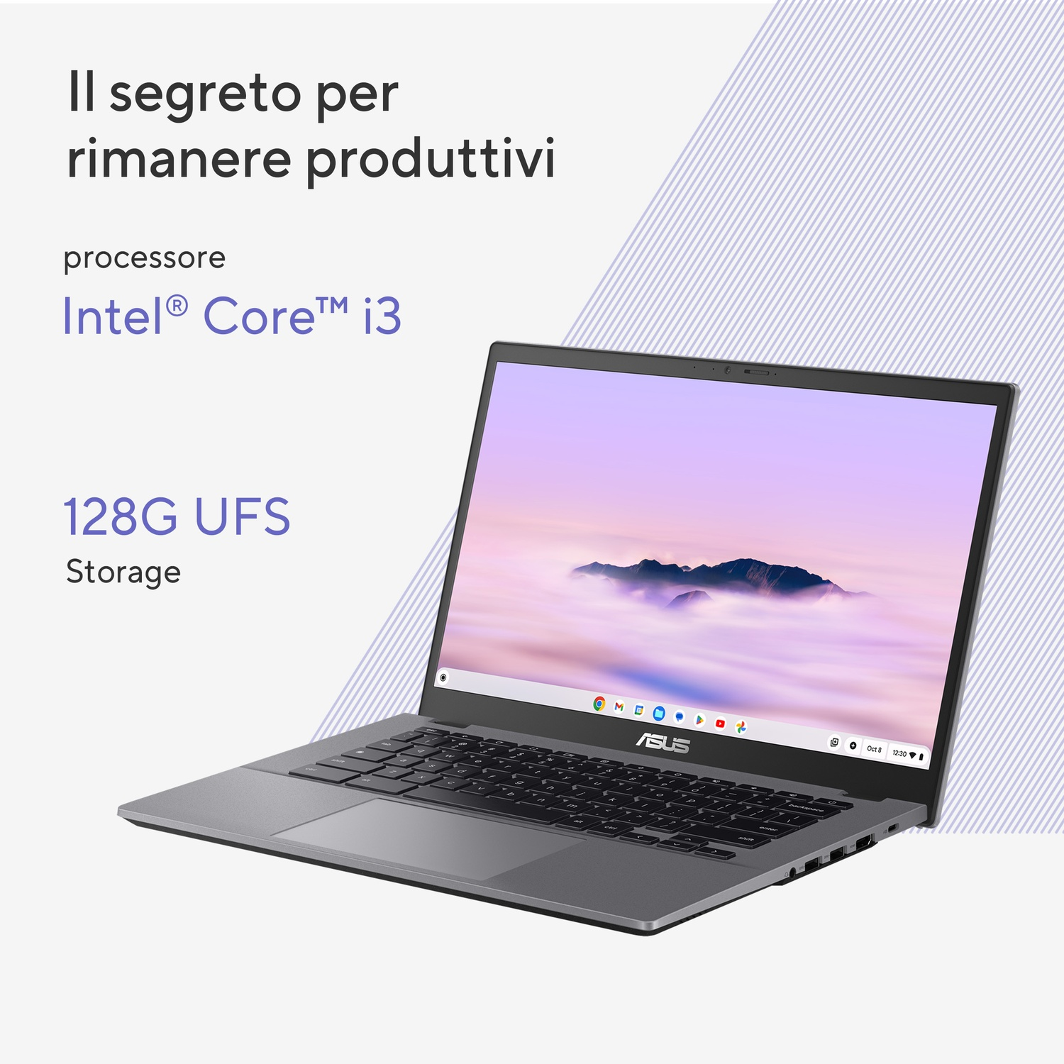 Laptop grigio con processore Intel Core i3 e 128GB di storage.