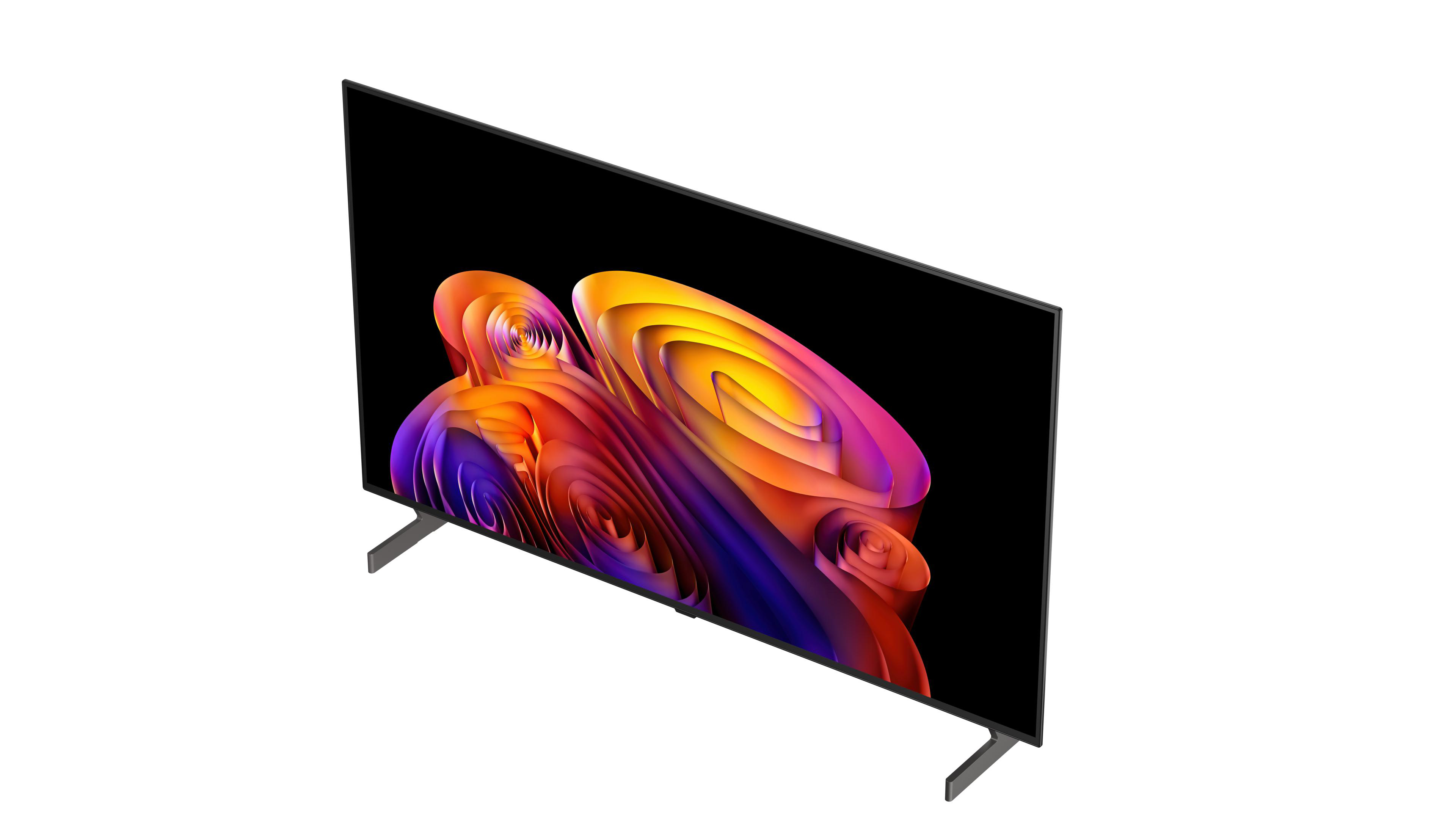 Ein moderner Fernseher mit einem abstrakten, bunten Bildschirmschoner auf schwarzem Hintergrund.