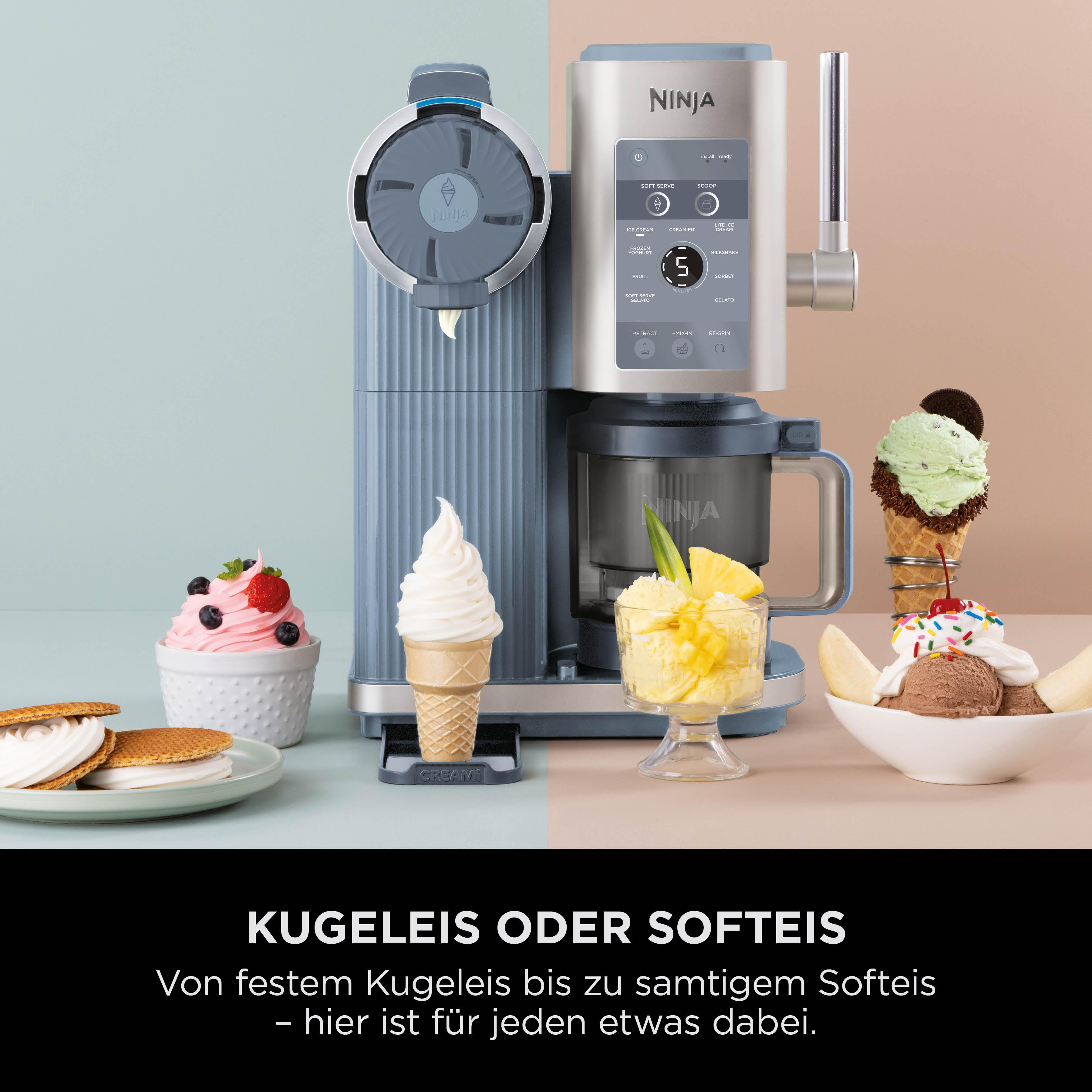 Ninja Eismaschine mit verschiedenen Eissorten und Eisbechern.