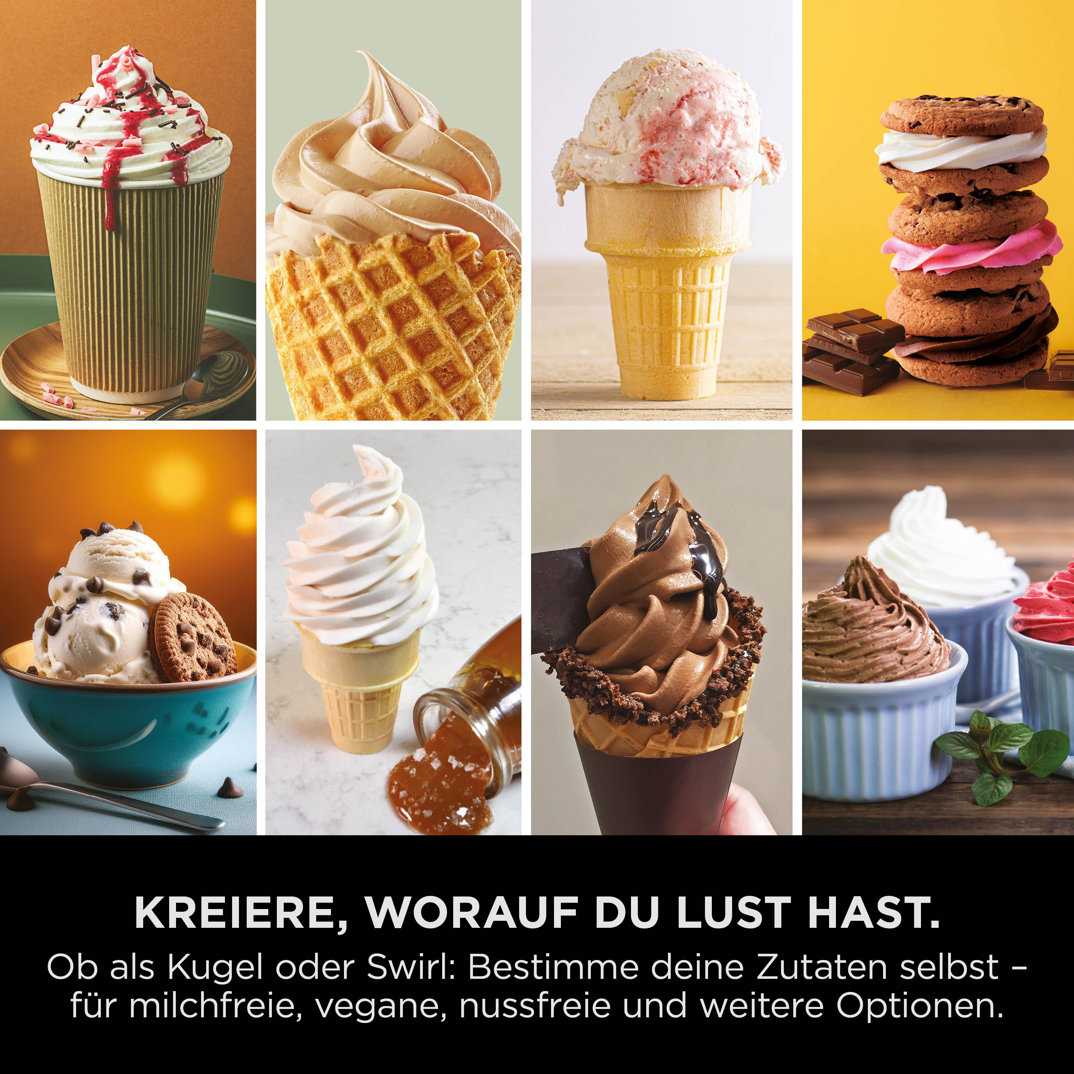 Acht Eissorten: Becher, Waffel, Keks-Sandwiches, Schokoriegel und Schalen.
