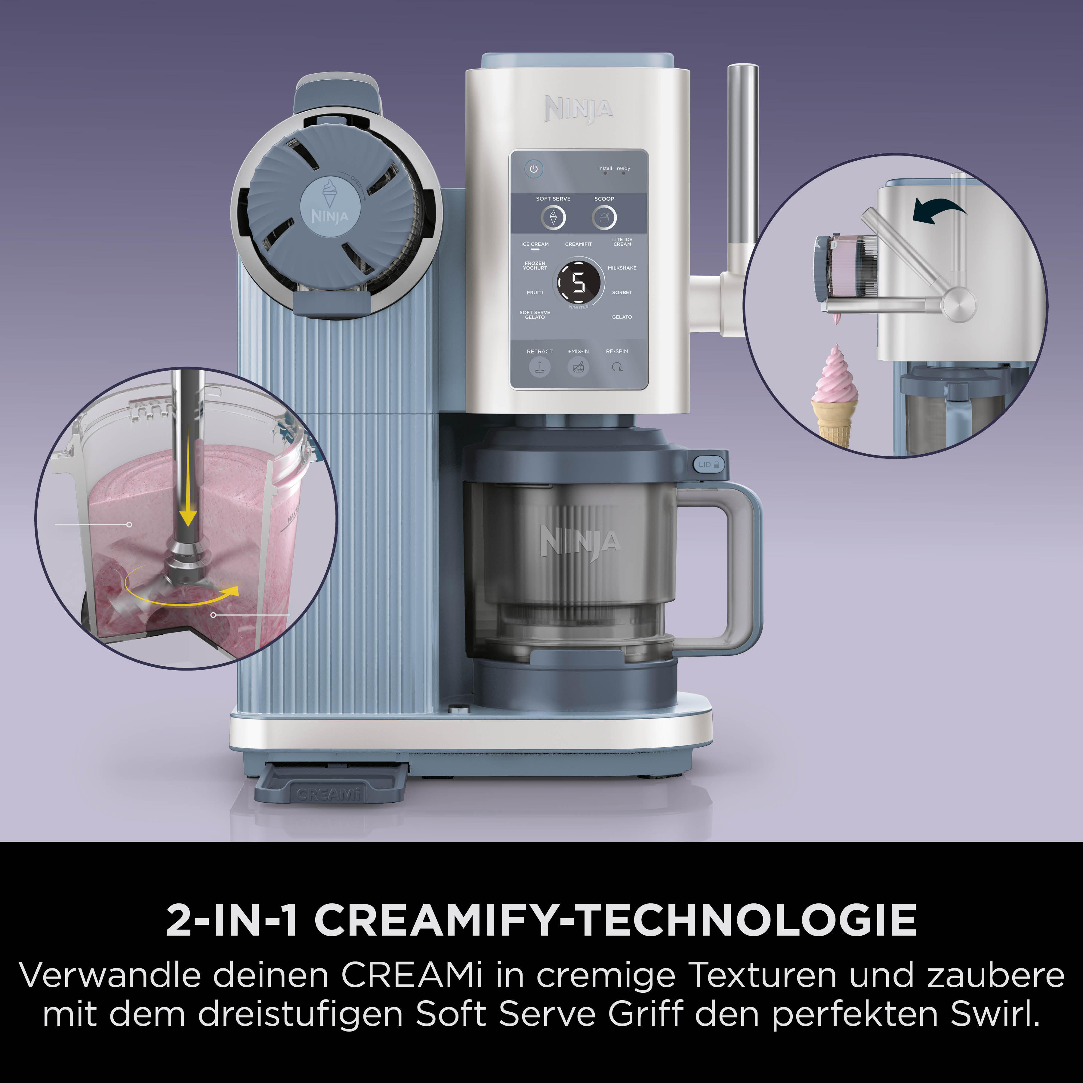 Ninja Creami Eismaschine mit Bedienfeld, Einlass und Eiswaffel-Ausgabe.