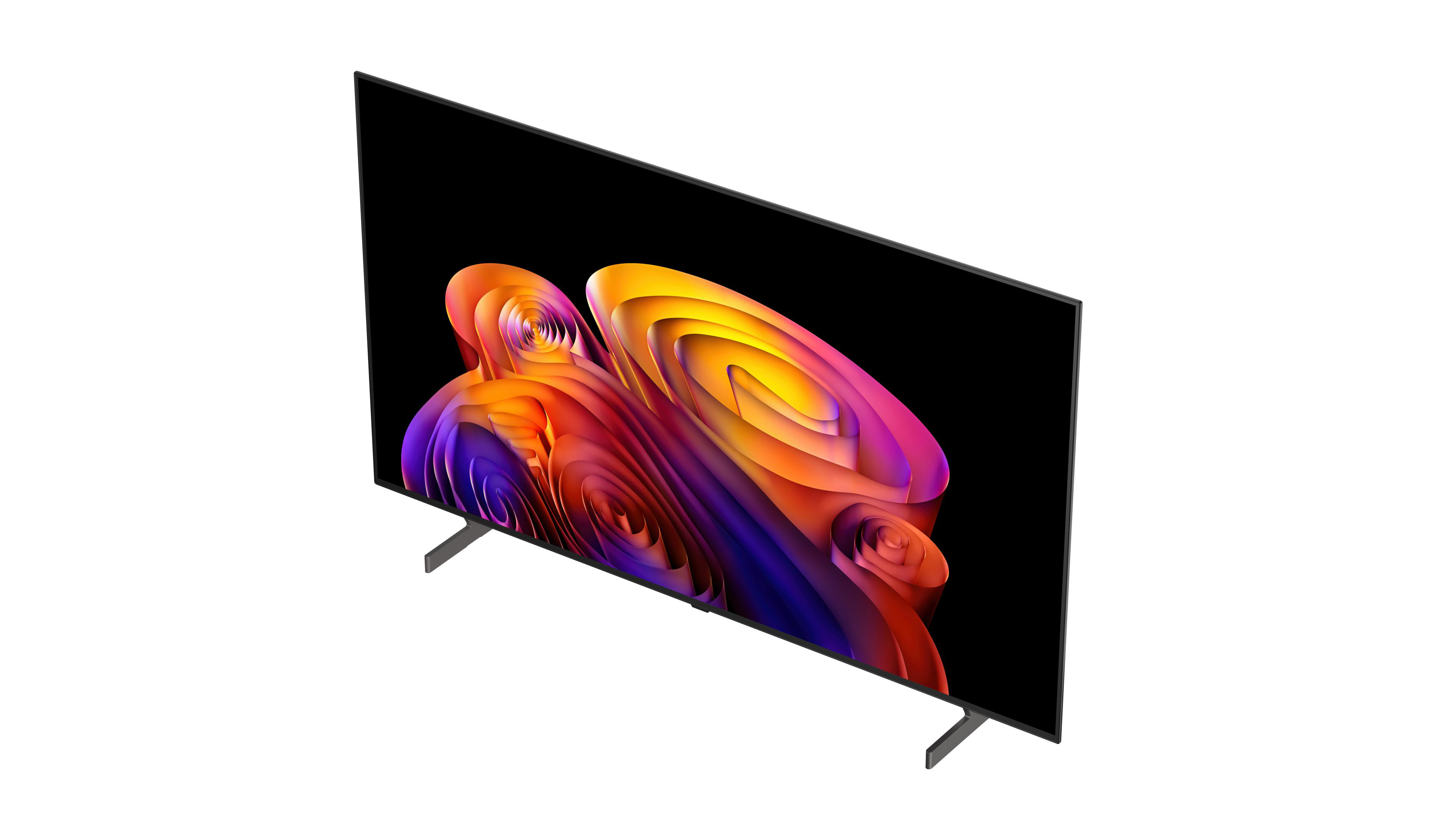 Ein moderner Fernseher mit einem abstrakten, farbenfrohen Bildschirmschoner auf dem Display.
