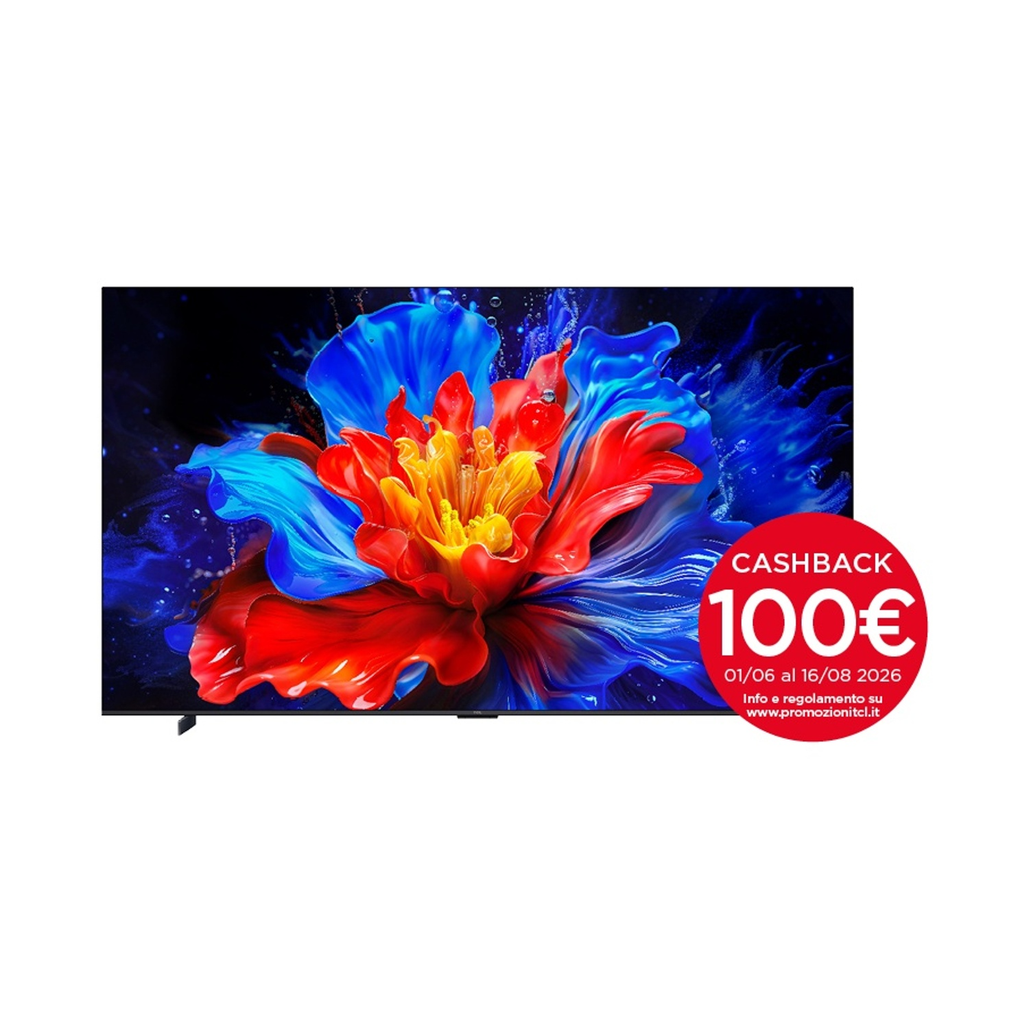 Uno schermo TV mostra un motivo floreale astratto rosso, giallo e blu. Un cerchio rosso con 100€ di cashback a destra.