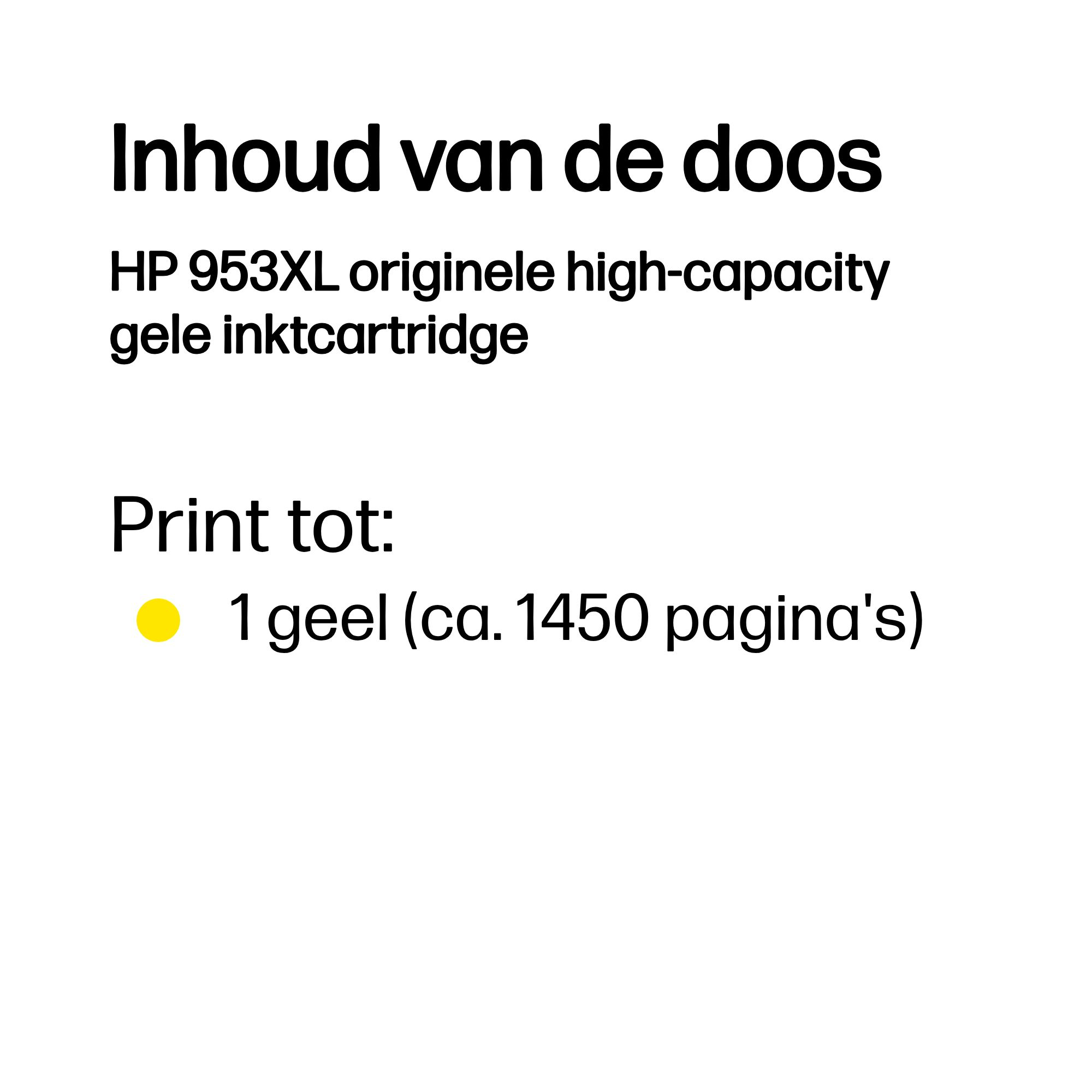 Inhoud van de doos: HP 953XL originele gele inktcartridge, print tot 1450 pagina's.