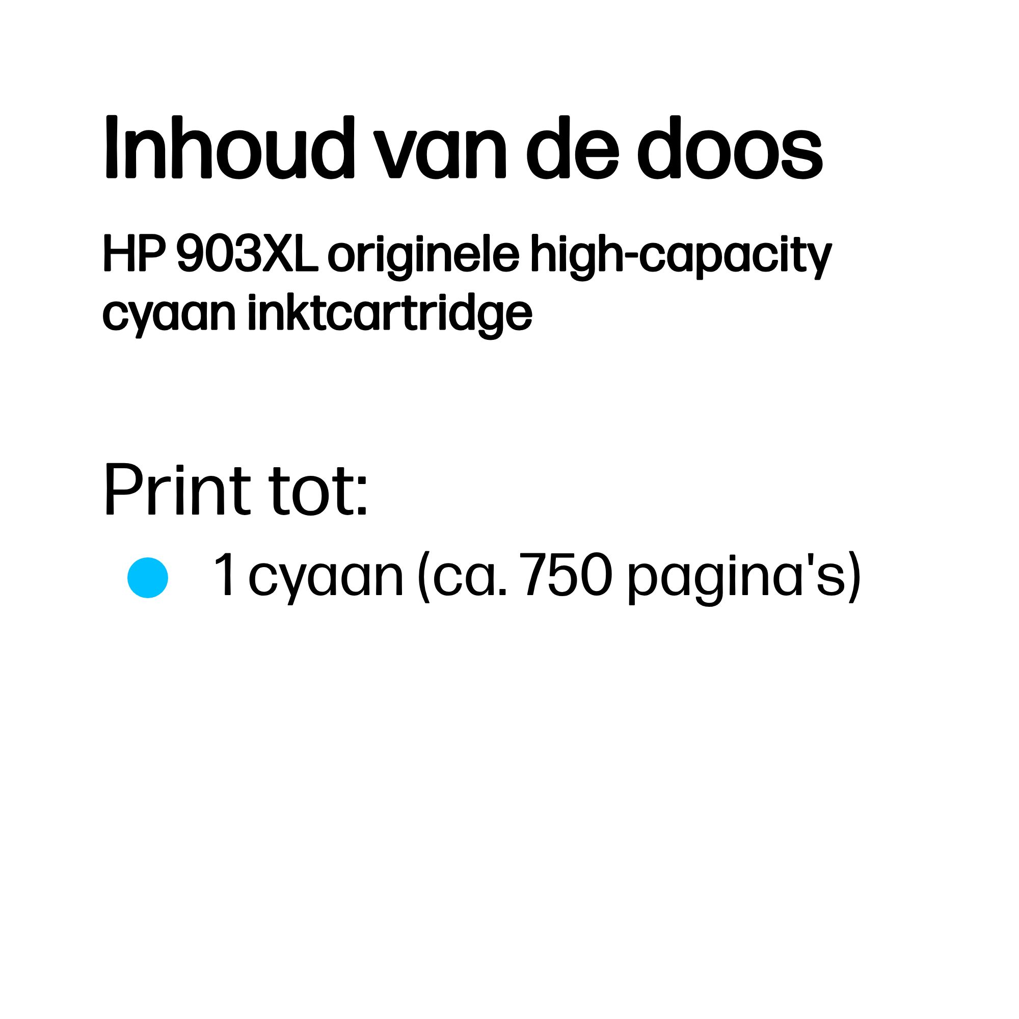 Box contents: HP 903XL cyan ink cartridge, approx. 750 pages.