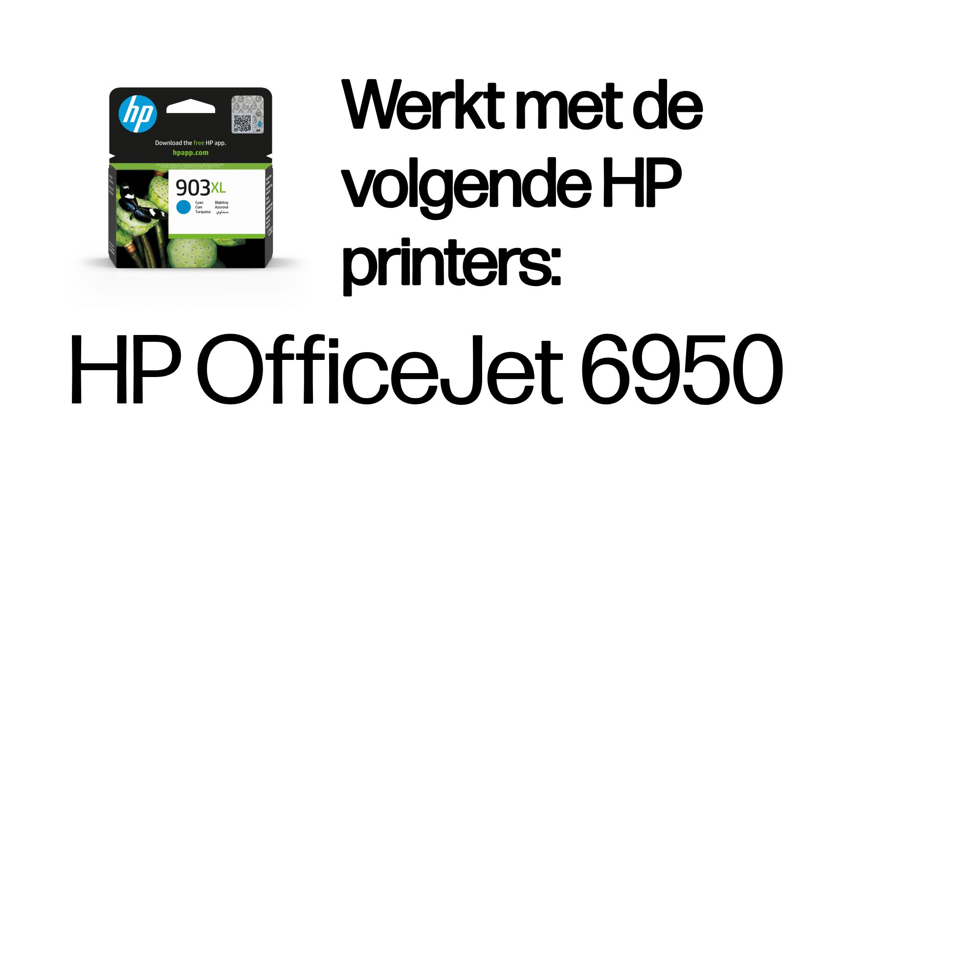 HP 903XL Cyan ink cartridge next to HP OfficeJet 6950 printer.