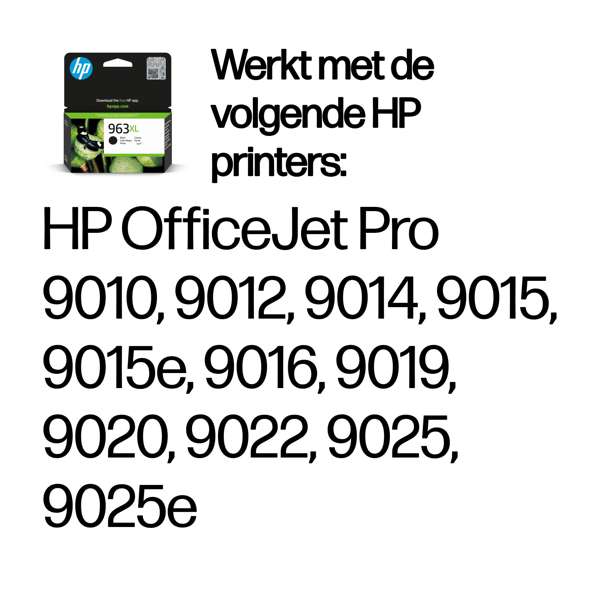 HP 963XL ink cartridge and list of compatible HP OfficeJet Pro printers.