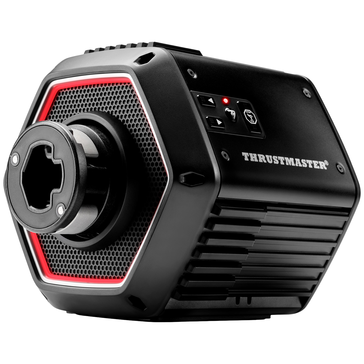 Black Thrustmaster racing wheel base with red accents and hexagonal grille.