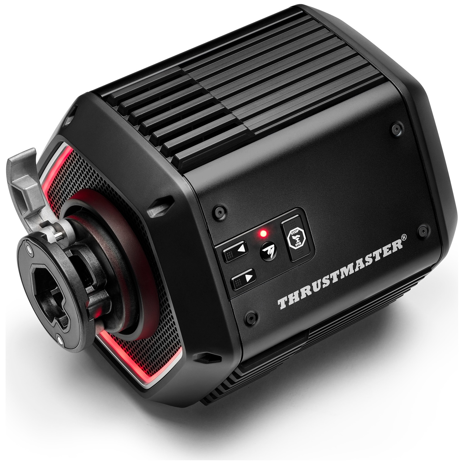 A black Thrustmaster racing wheel base with red accents on a white background.