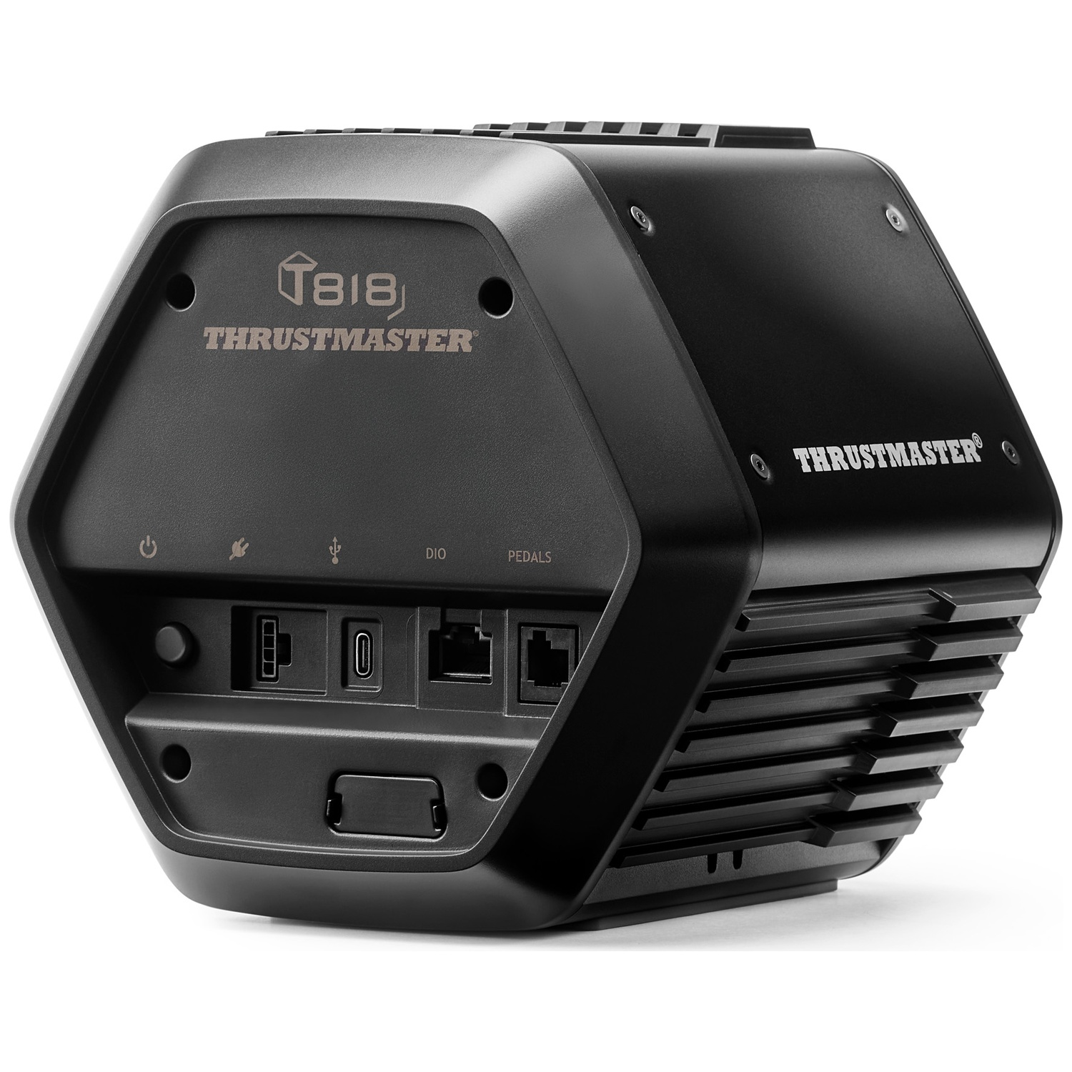 Black Thrustmaster T818 racing wheel base with rear connection ports.