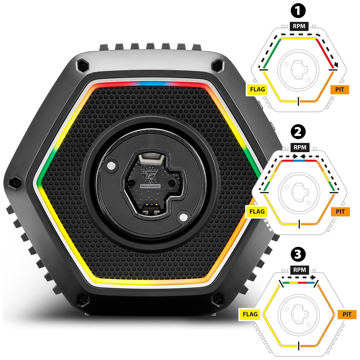 A black, hexagonal device with a colored LED border and three diagrams.