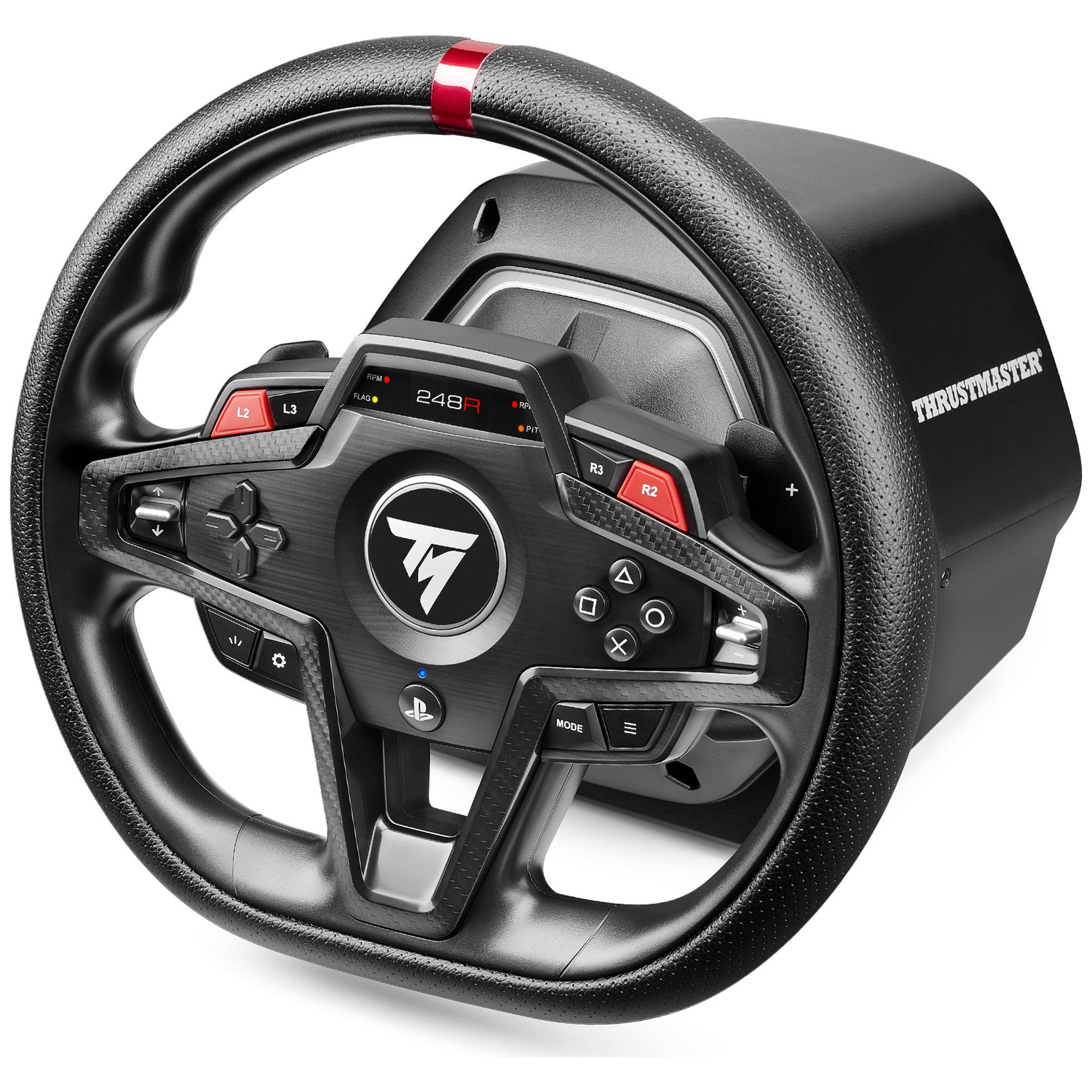 A black racing wheel with red accents and a digital display.