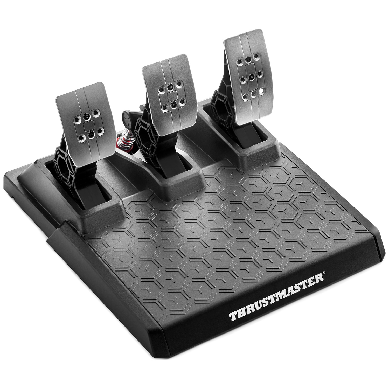 A black racing game pedal set featuring three metal pedals and an embossed pattern.