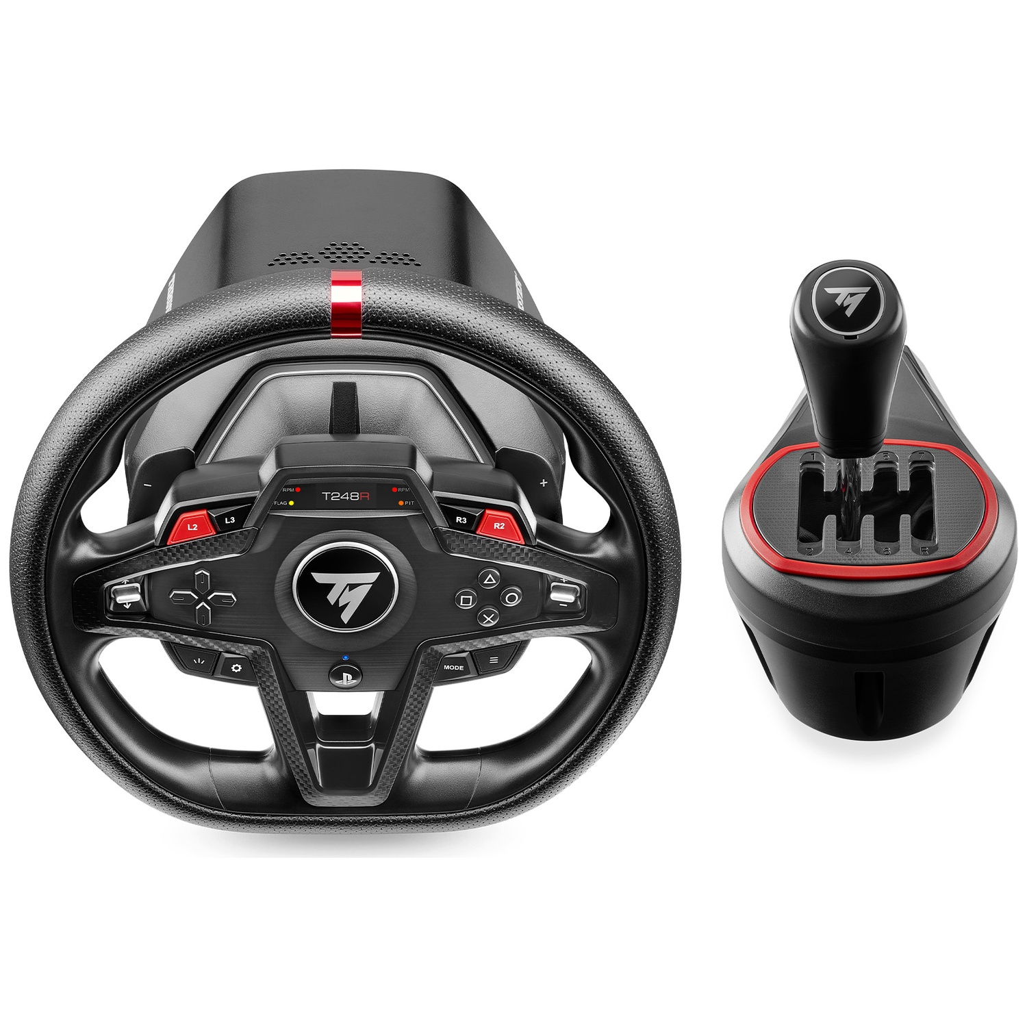 A black gaming steering wheel with red accents and a matching gear shift knob on a white background.