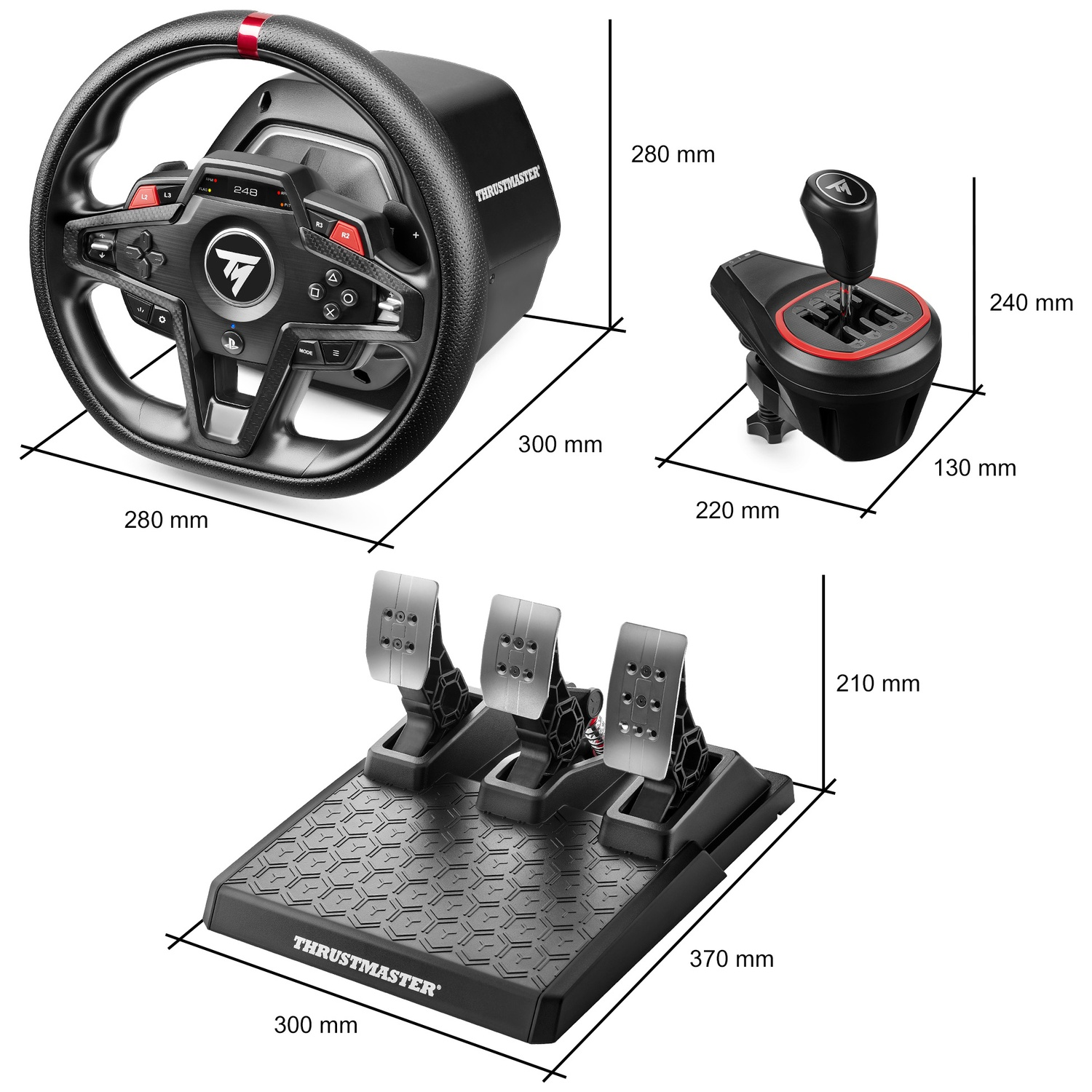 Gaming steering wheel, shifter, and pedals shown with dimensions. Black wheel, red accents.
