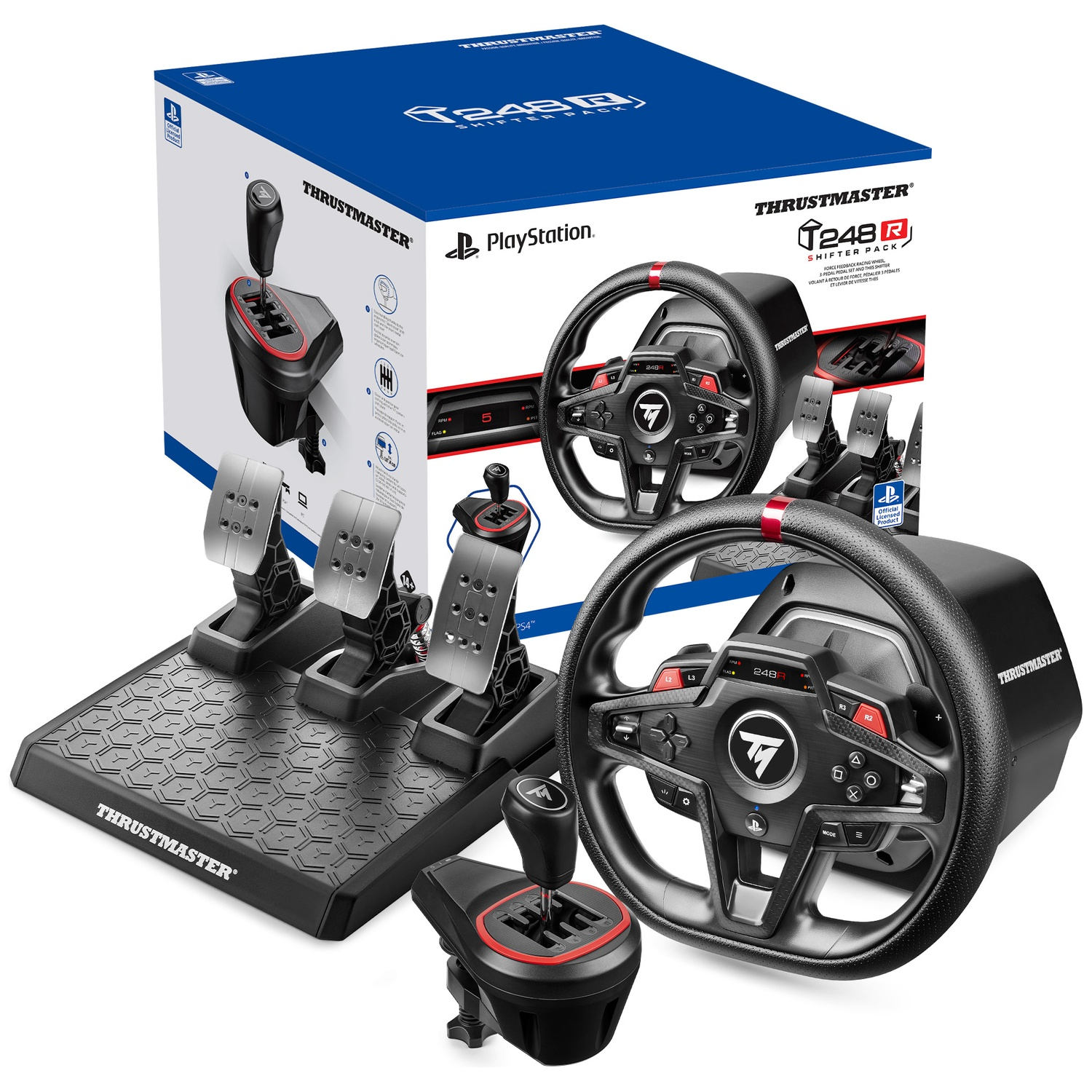 A racing wheel set with pedals and shifter, displayed on a white background.