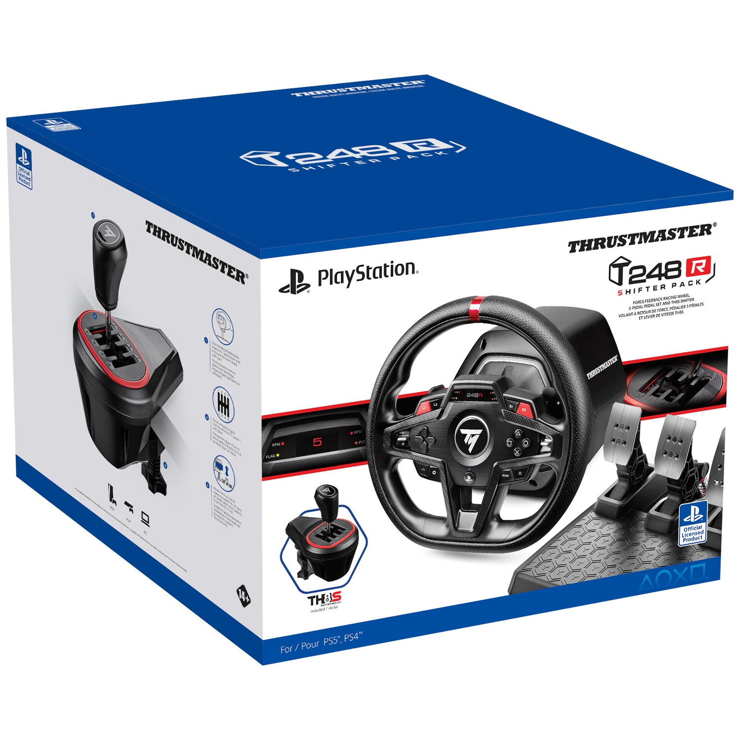 Box showing a racing wheel, pedals, and shifter for PlayStation.