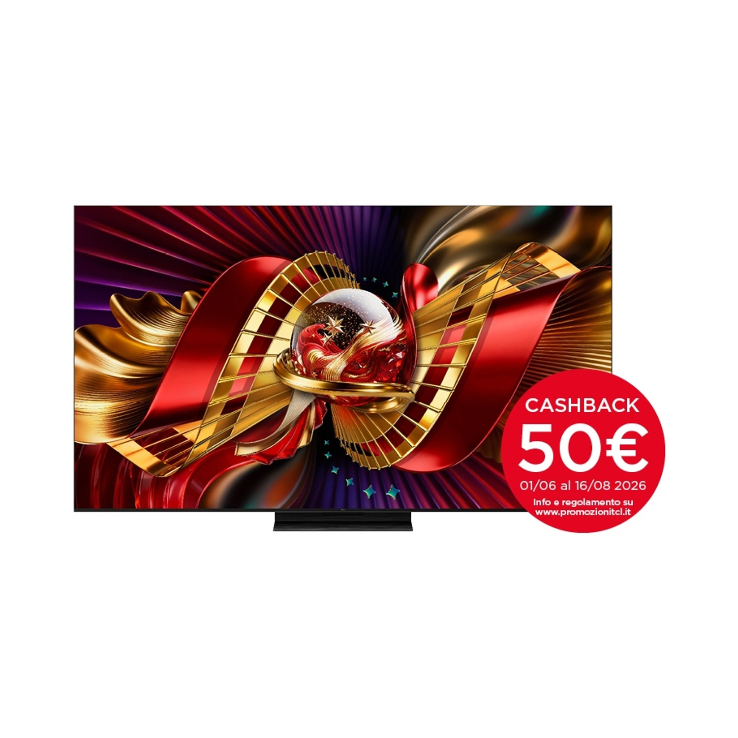 Un televisore con uno sfondo astratto rosso e oro e un adesivo di cashback.