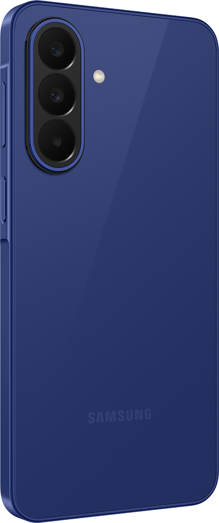 Egy kék Samsung okostelefon három kamerával és vakuval.