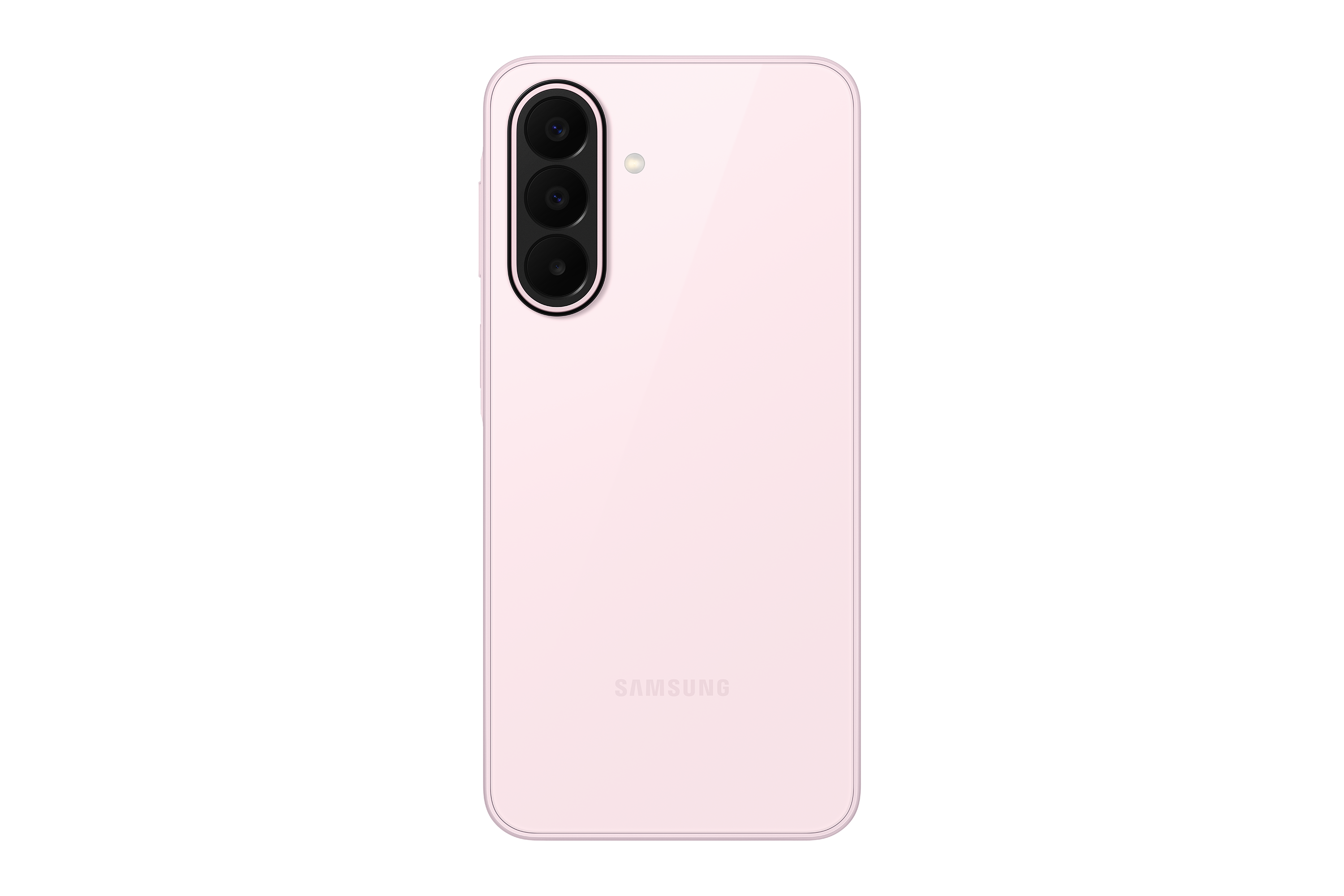 Egy halvány rózsaszín okostelefon három hátlapi kamerával és Samsung logóval.