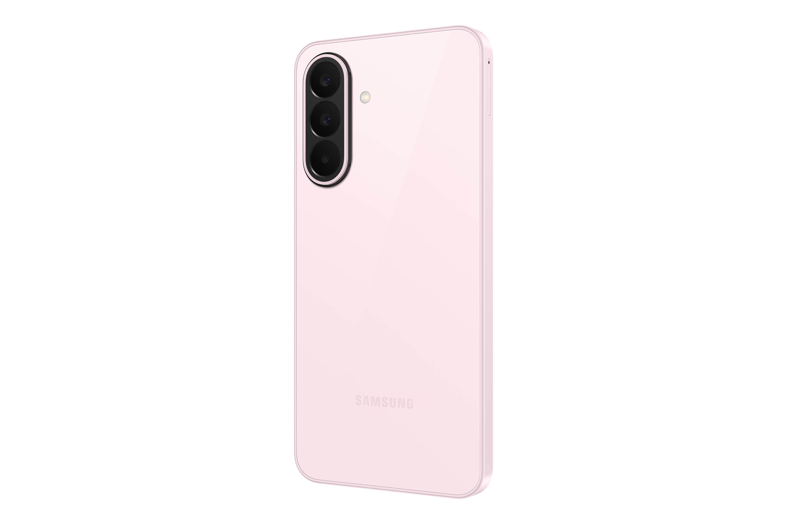 Világos rózsaszín okostelefon három kamerával és Samsung logóval.