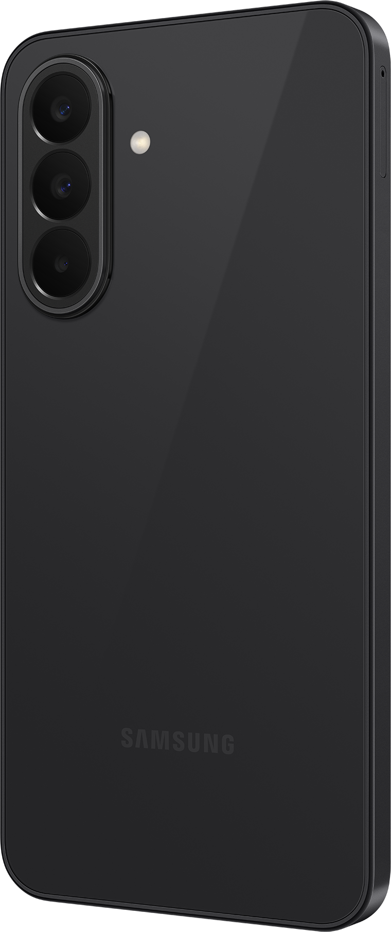 Egy fekete Samsung okostelefon hátoldala, három kamerával és vakuval.