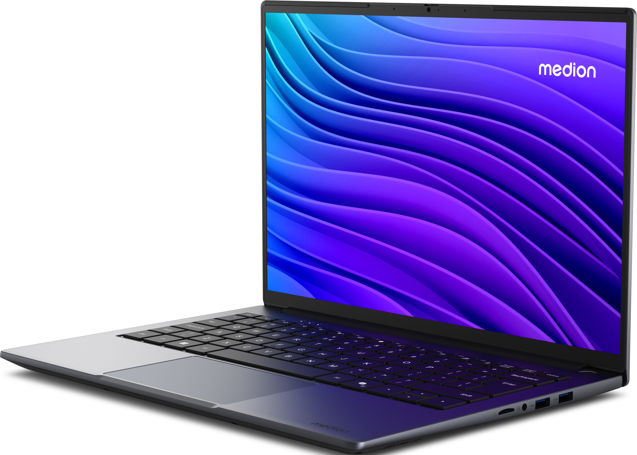 Un ordinateur portable ouvert avec un fond d'écran bleu/violet stylé.