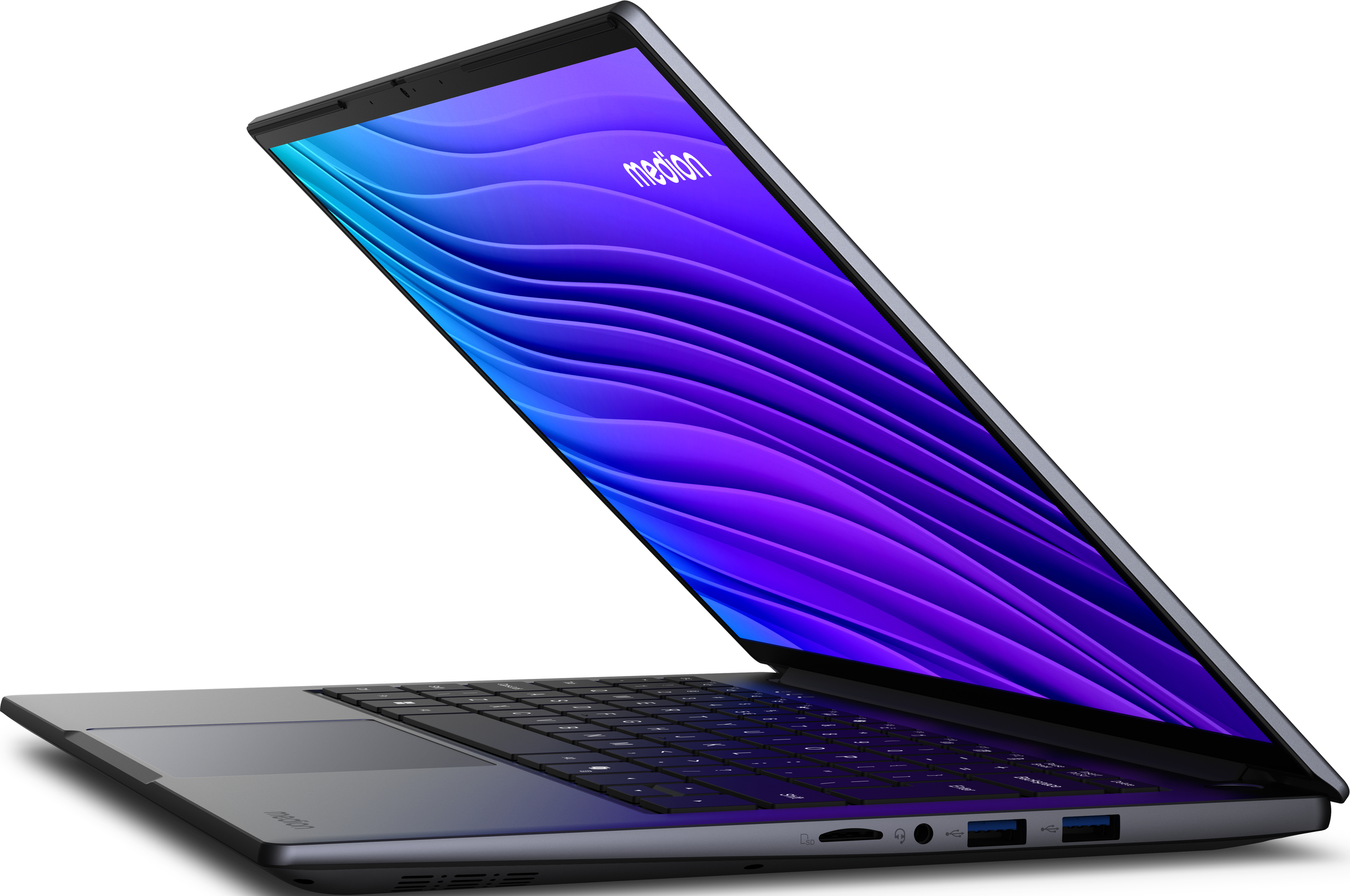 Un ordinateur portable Medion gris est ouvert, montrant un clavier et un écran avec un motif ondulé violet et bleu.