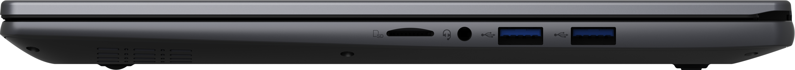 Profil de portable gris avec ports : lecteur de carte SD, prise casque, 2x USB.