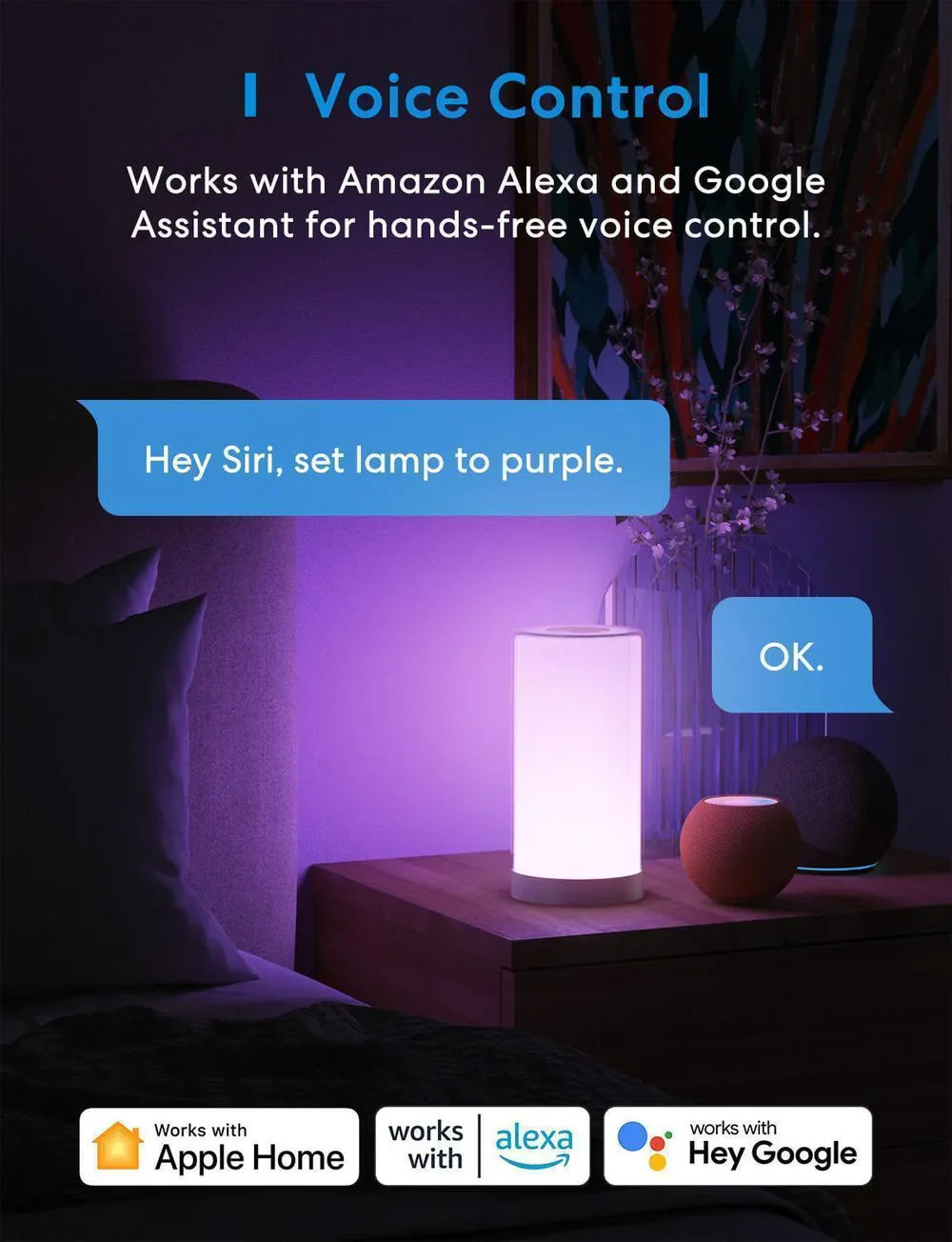 Egy éjjeliszekrény lila lámpával és hangasszisztensekkel. Működik Apple Home, Alexa, Google.