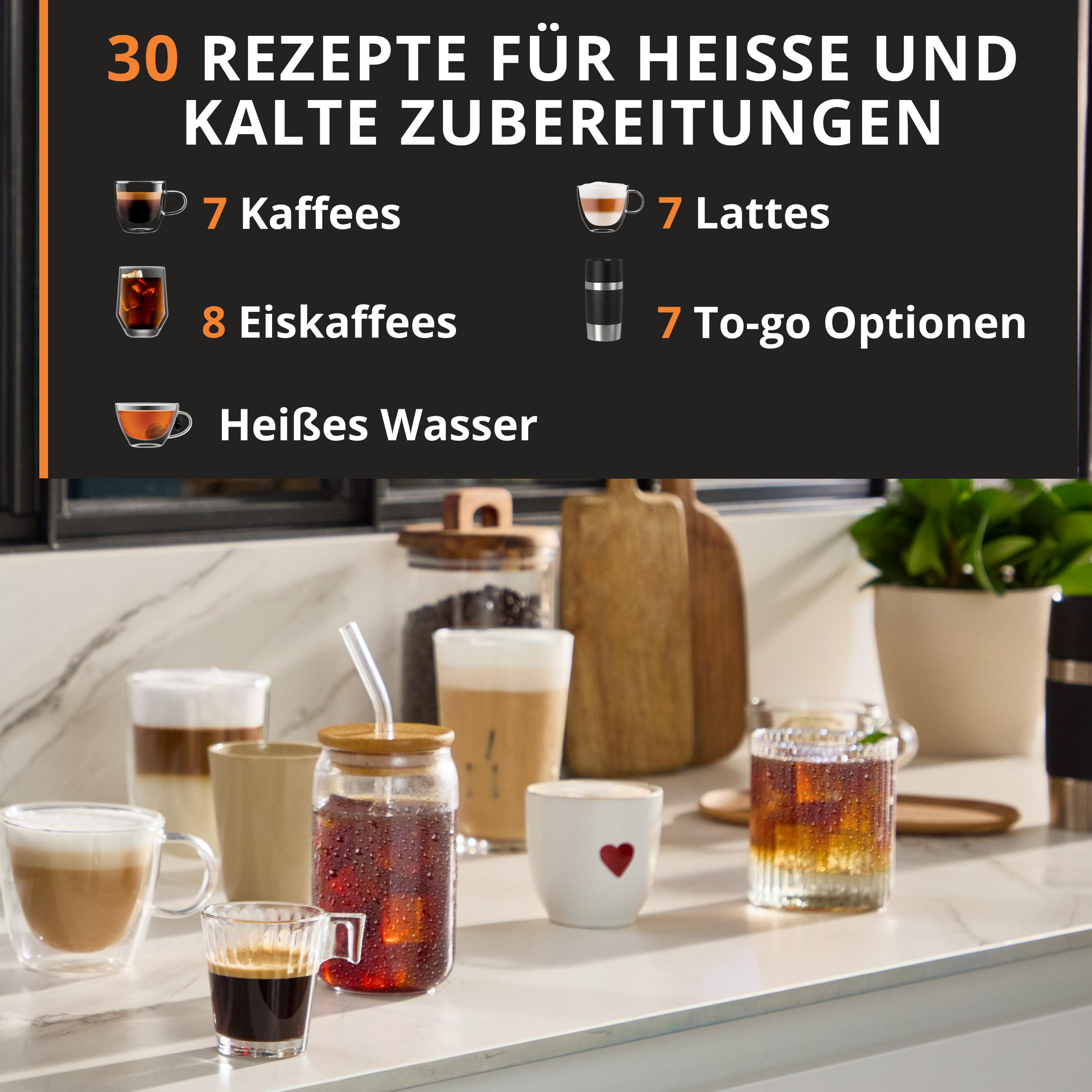 Übersicht über 30 Rezepte für heiße und kalte Getränke mit Icons und Zahlen.