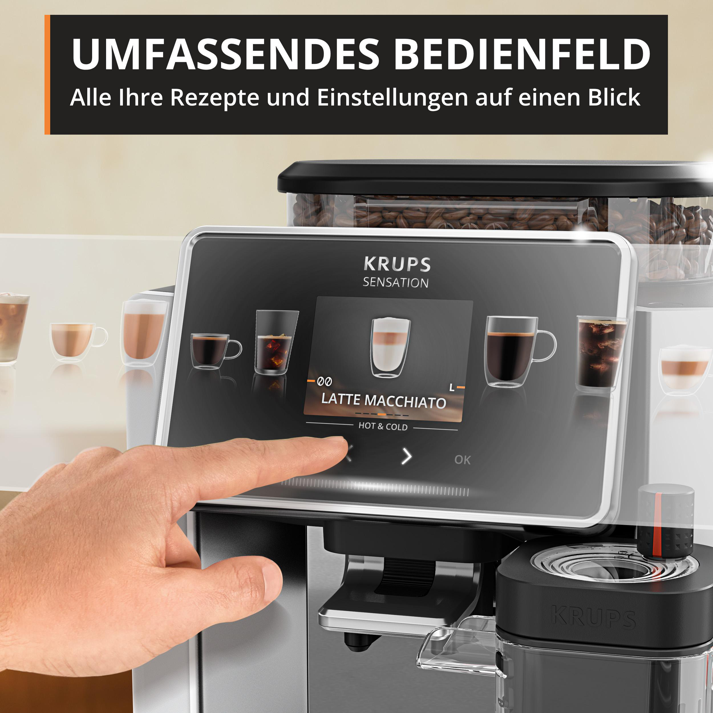 Ein Finger tippt auf einen Touchscreen einer Kaffeemaschine, der Latte Macchiato zeigt.