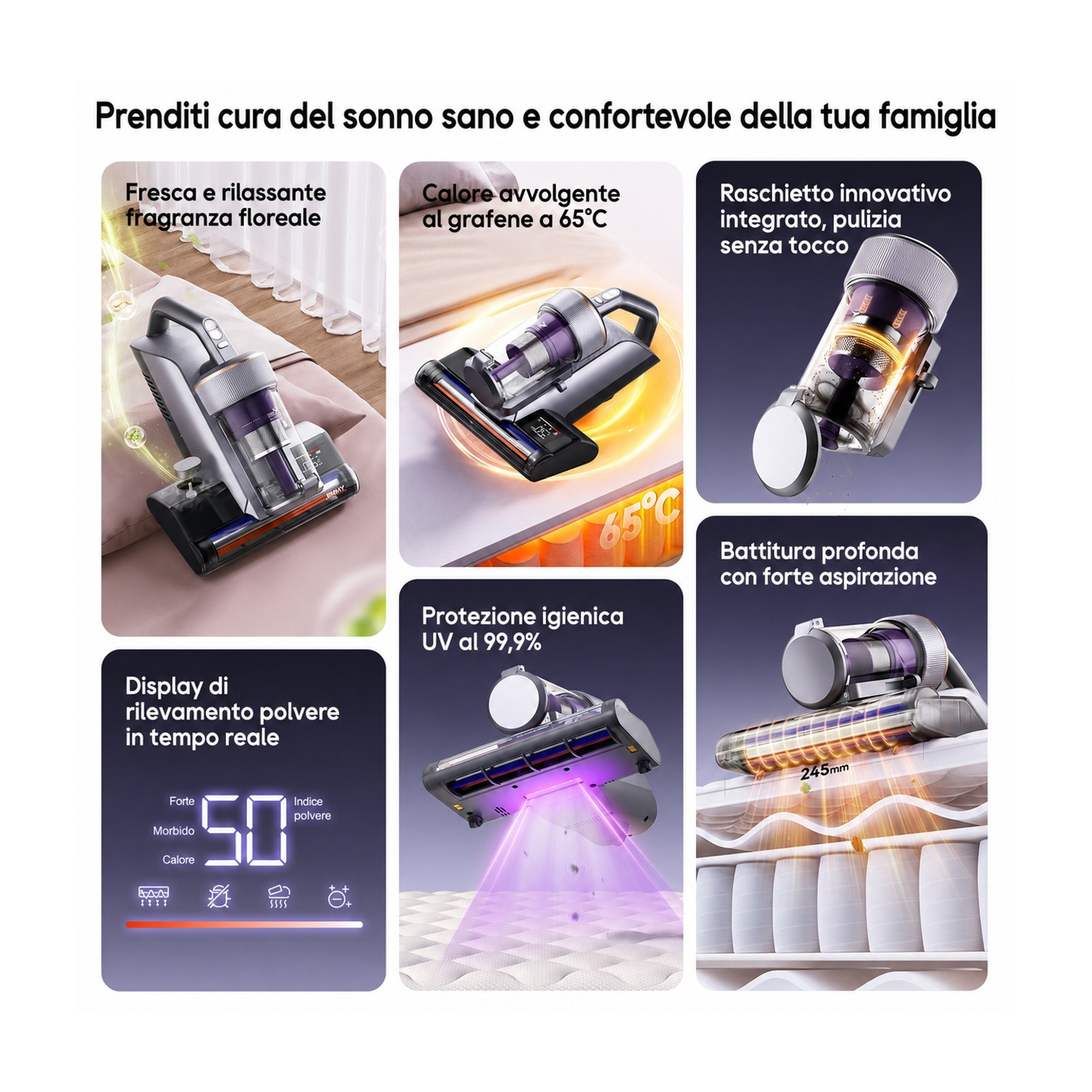 Diverse immagini mostrano un aspirapolvere con funzioni come profumo, calore, pulizia UV e display polvere.
