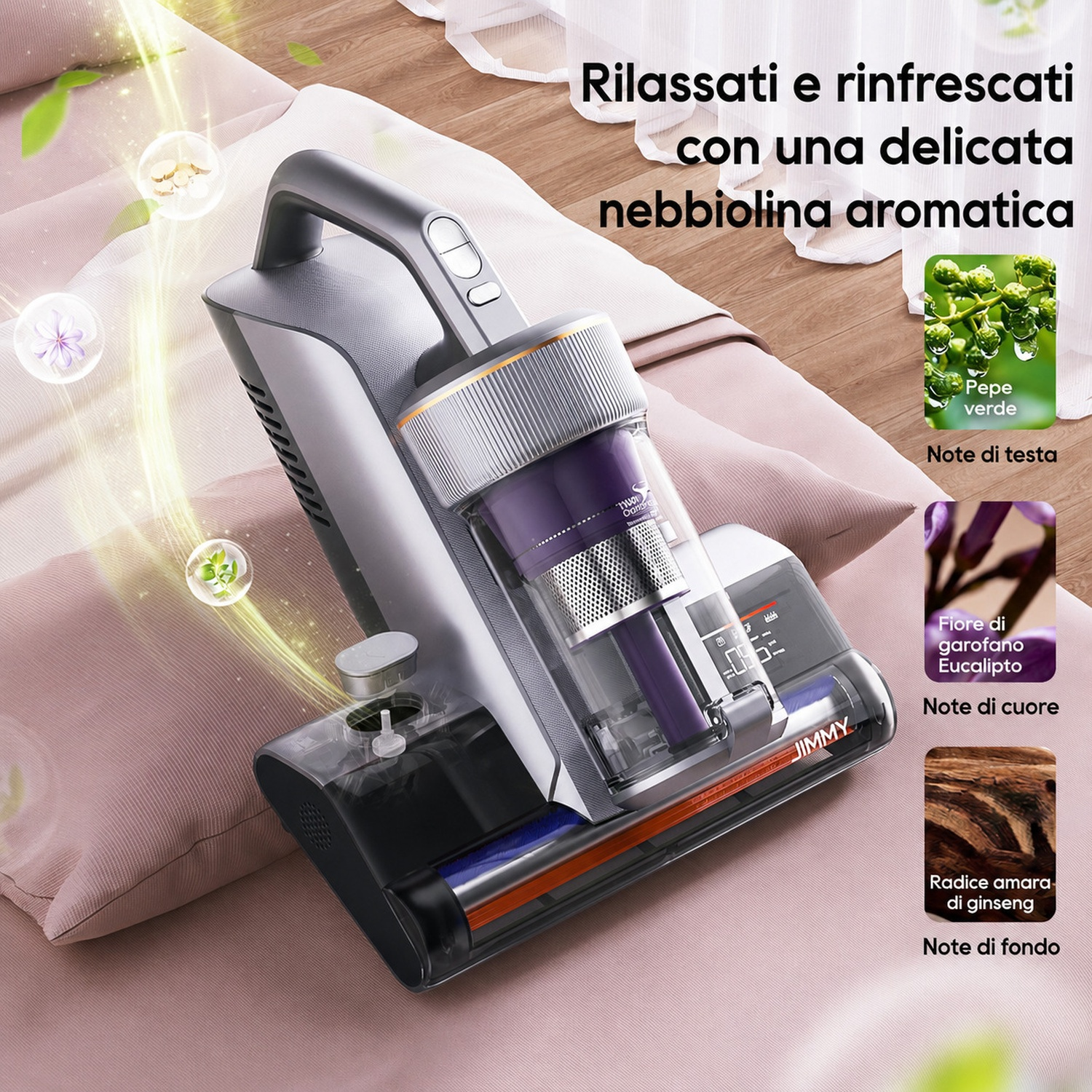Un aspirapolvere senza fili con diffusore di profumo su un letto.