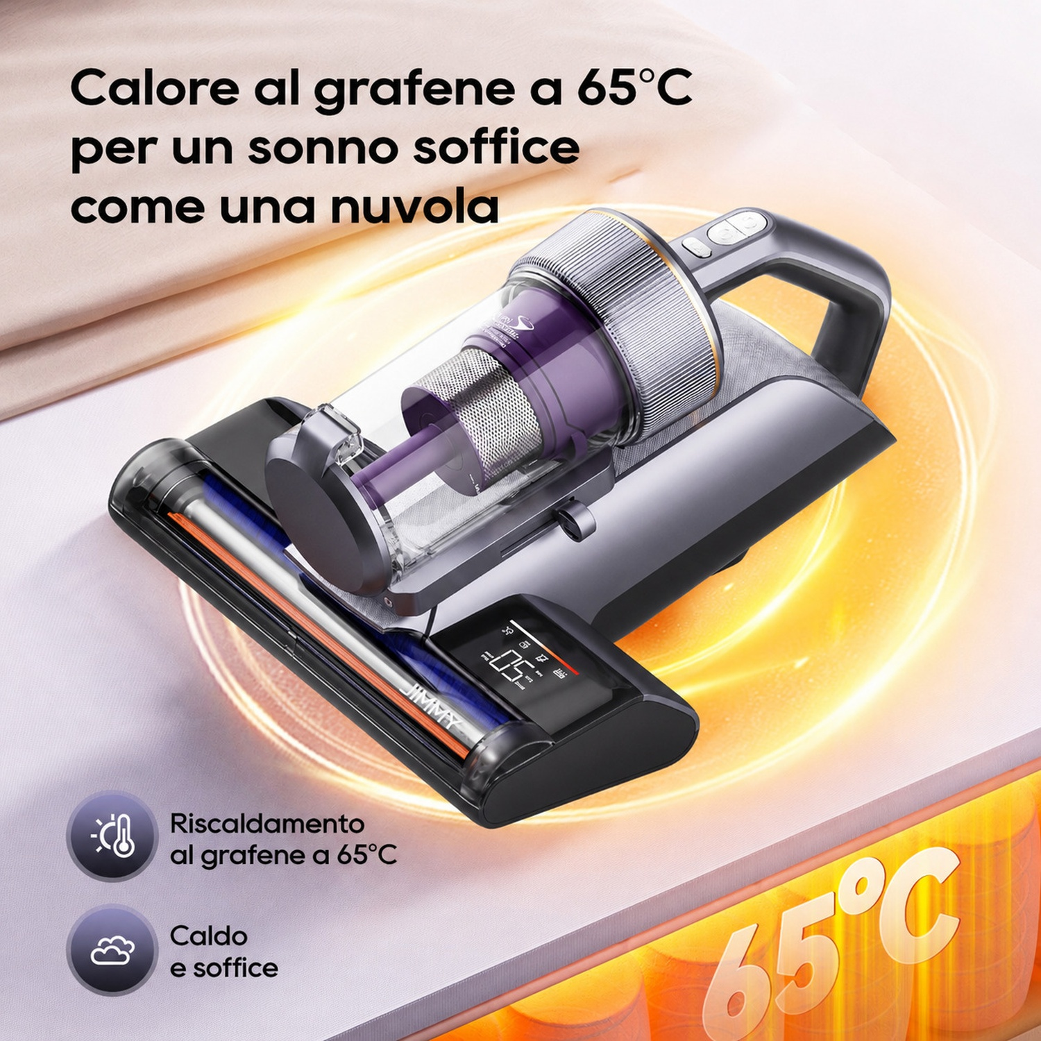 Un aspirapolvere senza fili con serbatoio polvere trasparente e display.